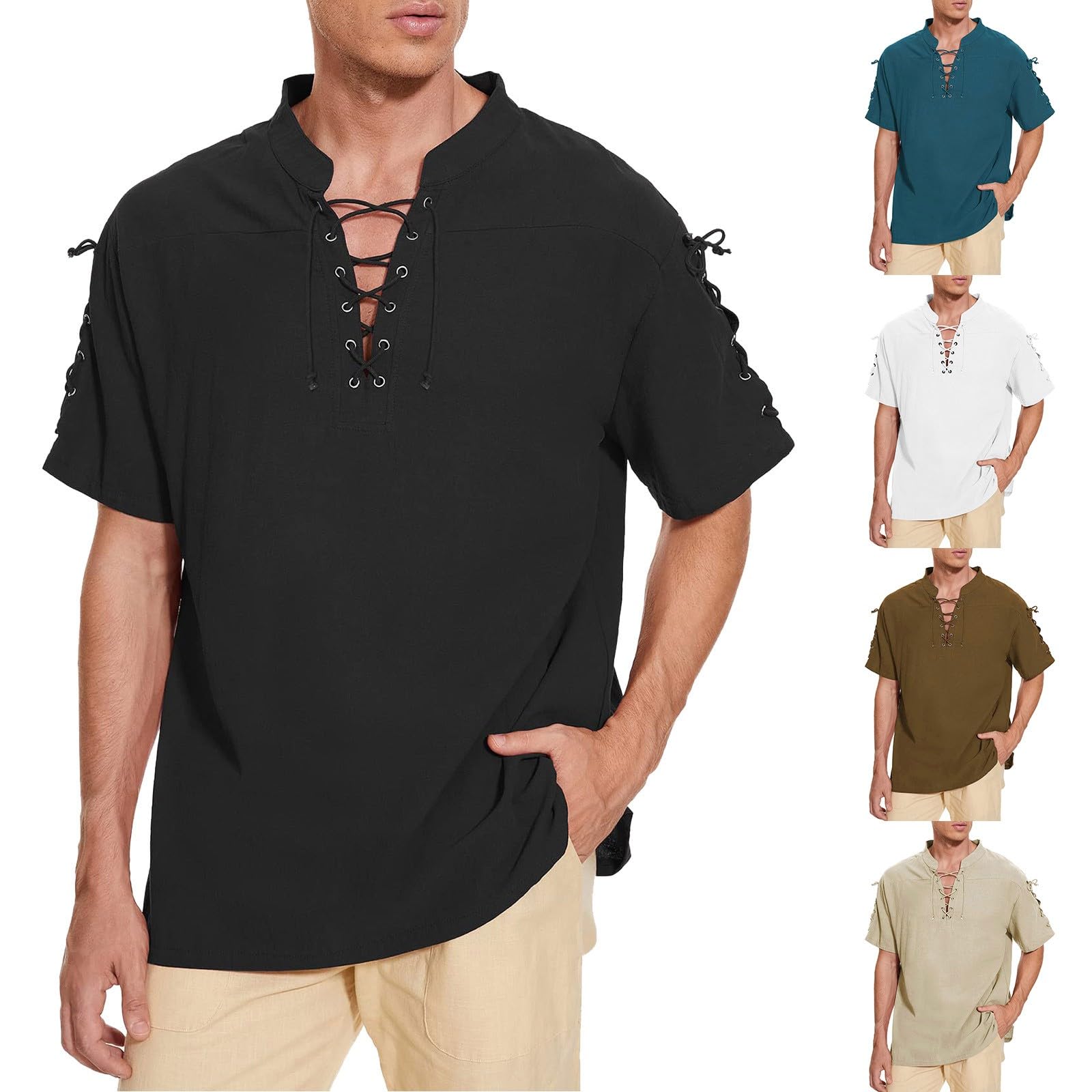 Men's Linen Top Short Sleeve Pirate Shirt with Intricate Lace Up Closure Authentic Medieval Viking Pirate Blouse Renaissance Gothic Steampunk Costume Halloween Festive Wear Black