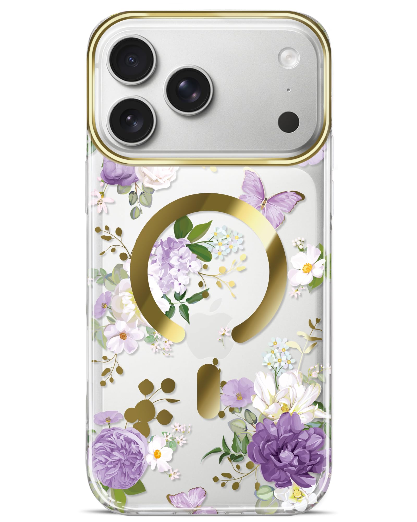 JIAXIUFEN Magnetic Designed Clear Case for iPhone 17 Pro Max 6.9", Compatible with MagSafe, Gold Plated Glitter Slim Shockproof Protective Women Girl Phone Case Purple Butterfly