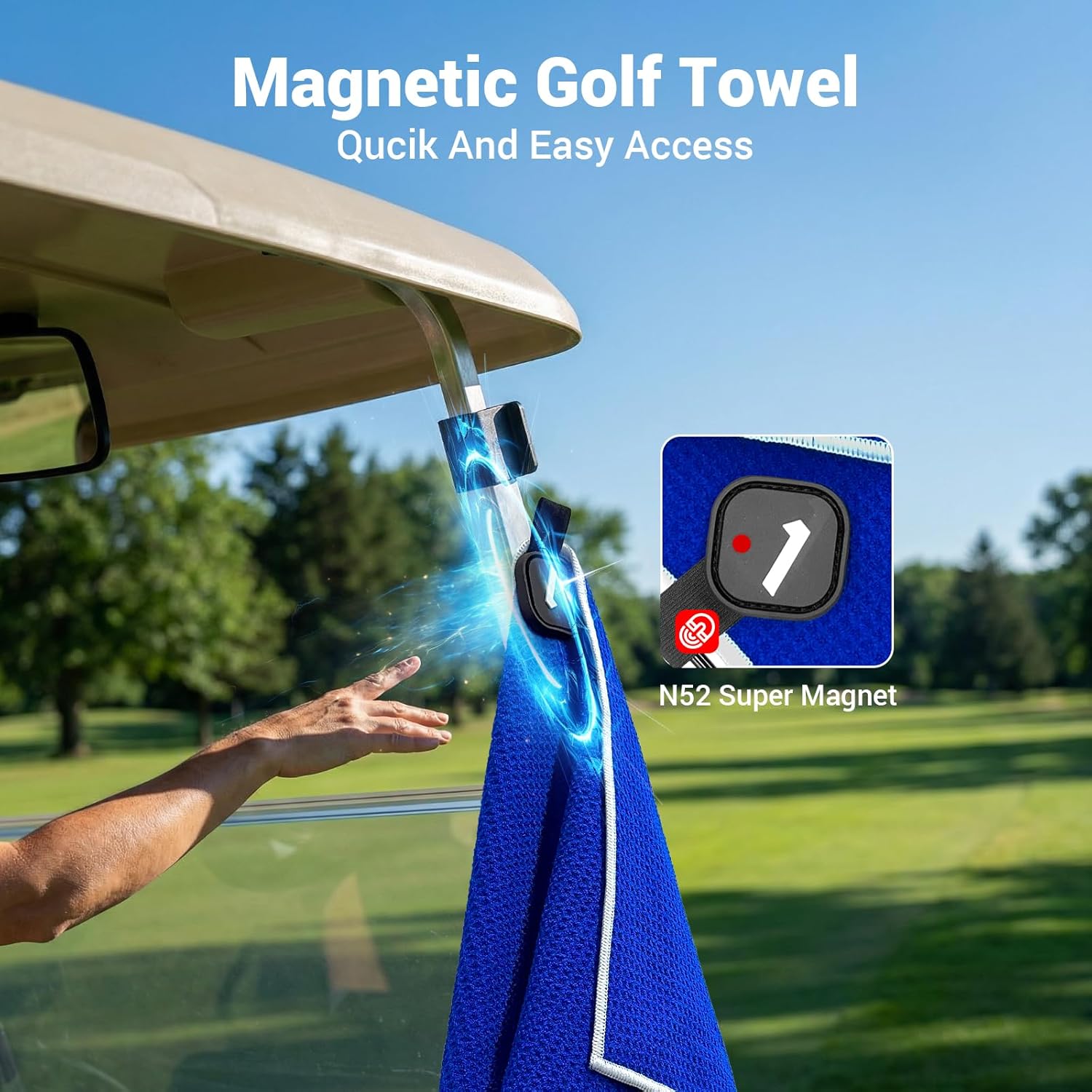 4-in-1 Magnetic Golf Towel with Brush & Cleaning Pocket -Premium Construction Golf Towel- Super Strong Golf Club Cleaner- Microfiber Waffle Design-15.7" X 23.6" Golf Accessories and Gifts for Men