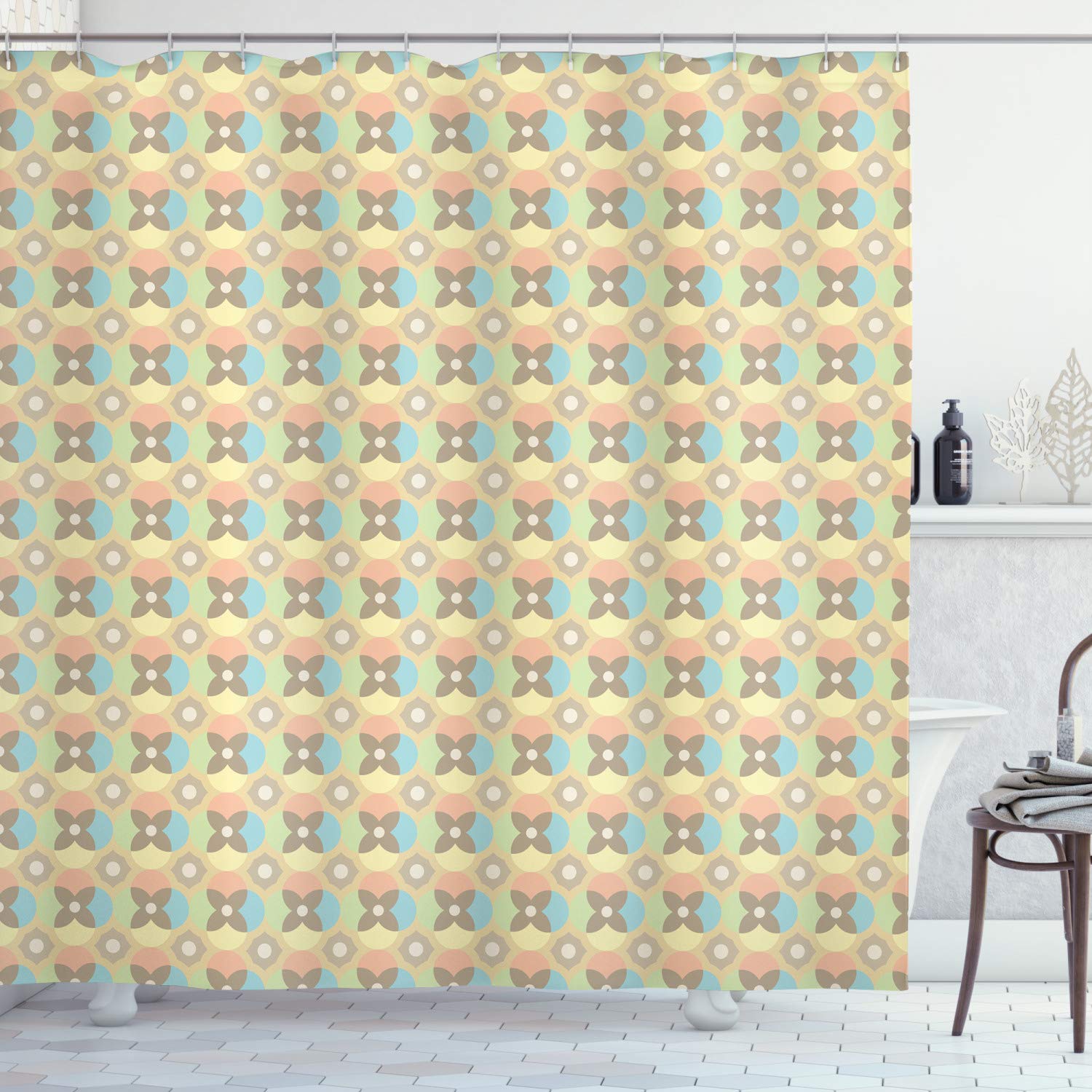 ABAKUHAUS Retro Shower Curtain, Vintage Pale Toned Circular Shapes Victorian Design Inspired Antique Illustration, Cloth Fabric Bathroom Decor Set with Hooks, 70 Inches, Multicolor โ image 1