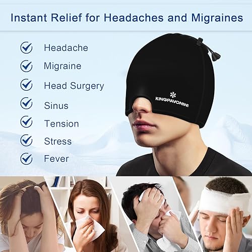 Vista 13 de KingPavonini Envoltura de cabeza de hielo, gorra ajustable para aliviar el dolor de cabeza de migraña con cordón, sombrero de migraña caliente/fría