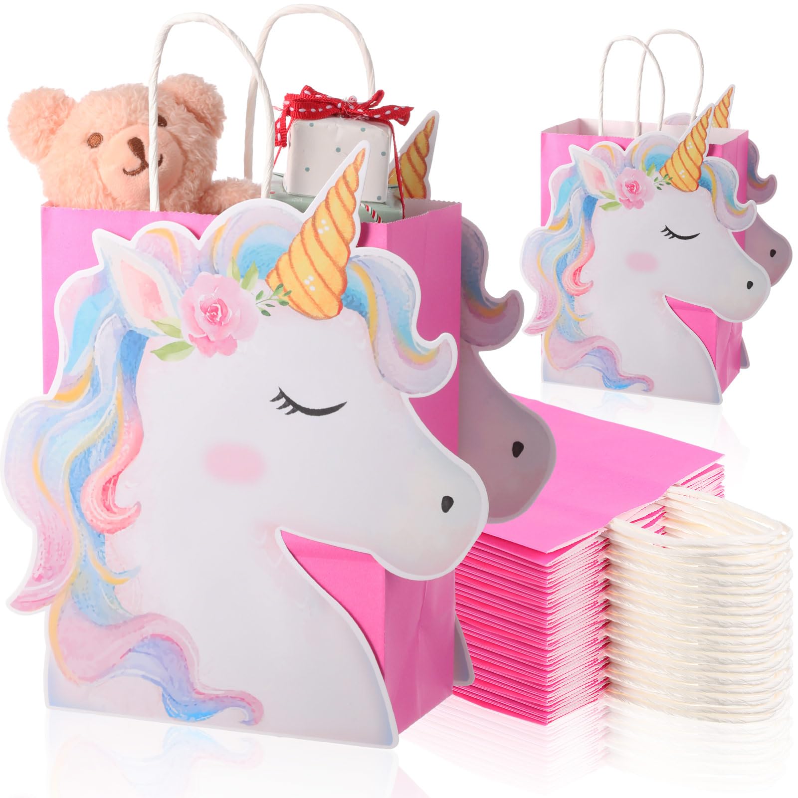 Kolldenn 24 Pack Unicorn Party Favor Bags Goody Bags with 48 Pcs Cardstocks and Handles for Unicorn Birthday Party Gift Goody Treat Candy for Unisex