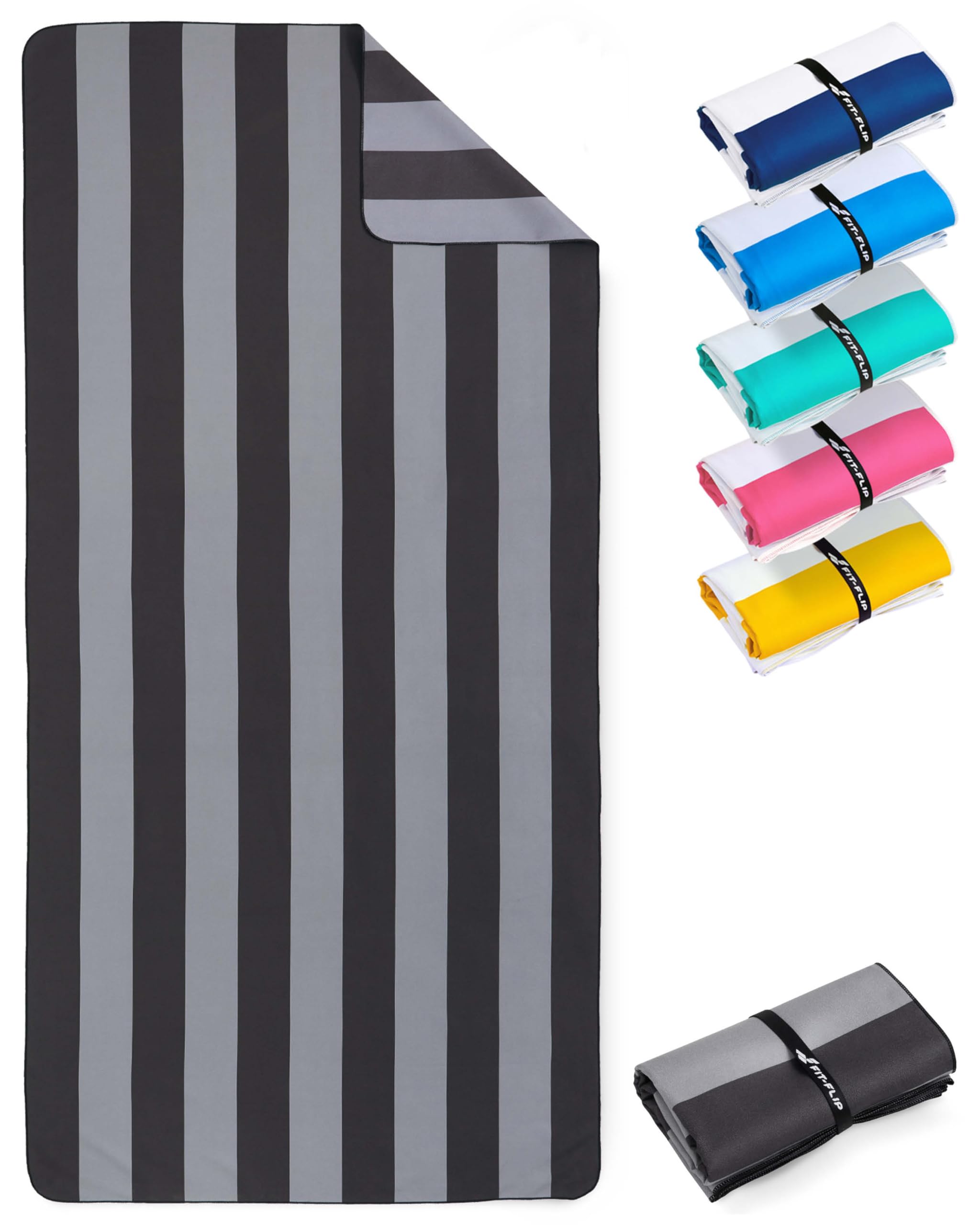Fit-Flip Strandtuch XXL Mikrofaser leicht und schnelltrocknend | Grau-Dunkelgrau gestreift 160x90cm, Strandhandtuch, 100% recycelt, Badetuch groß, Reisehandtuch – Amazon Angebot