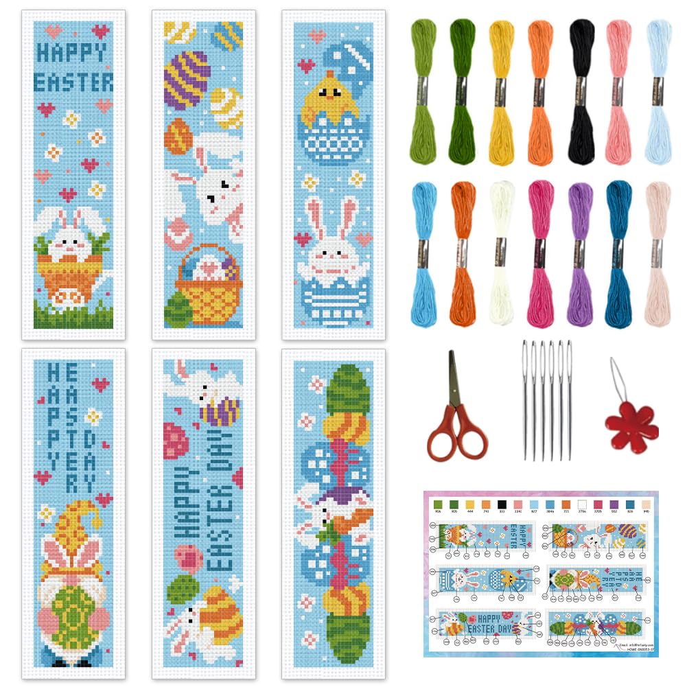 Tqcplfdiddo 6pcs Easter Themed Cross Stitch Bookmark Kits for Adults Beginners 8''x2.4'' DIY Rabbits Stamped Embroidery Bookmark Kits with Eggs Needlepoint Bookmark Kits for Easter Day Gifts