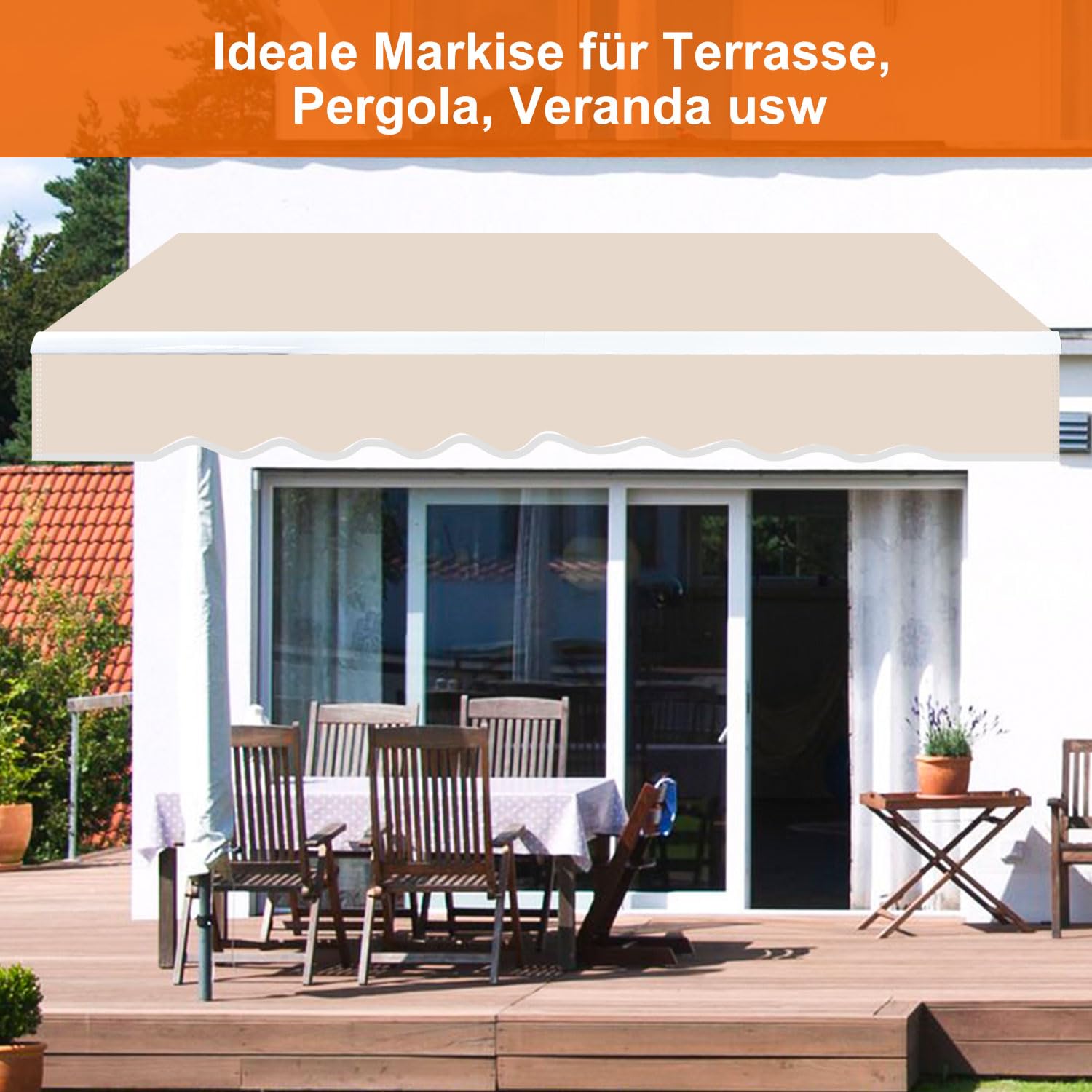 Fiqops Tenda da sole manuale con braccio snodato, 350 x 300 cm, con manovella, anti UV e impermeabile, in alluminio/poliestere, per balcone, terrazza, giardino, beige