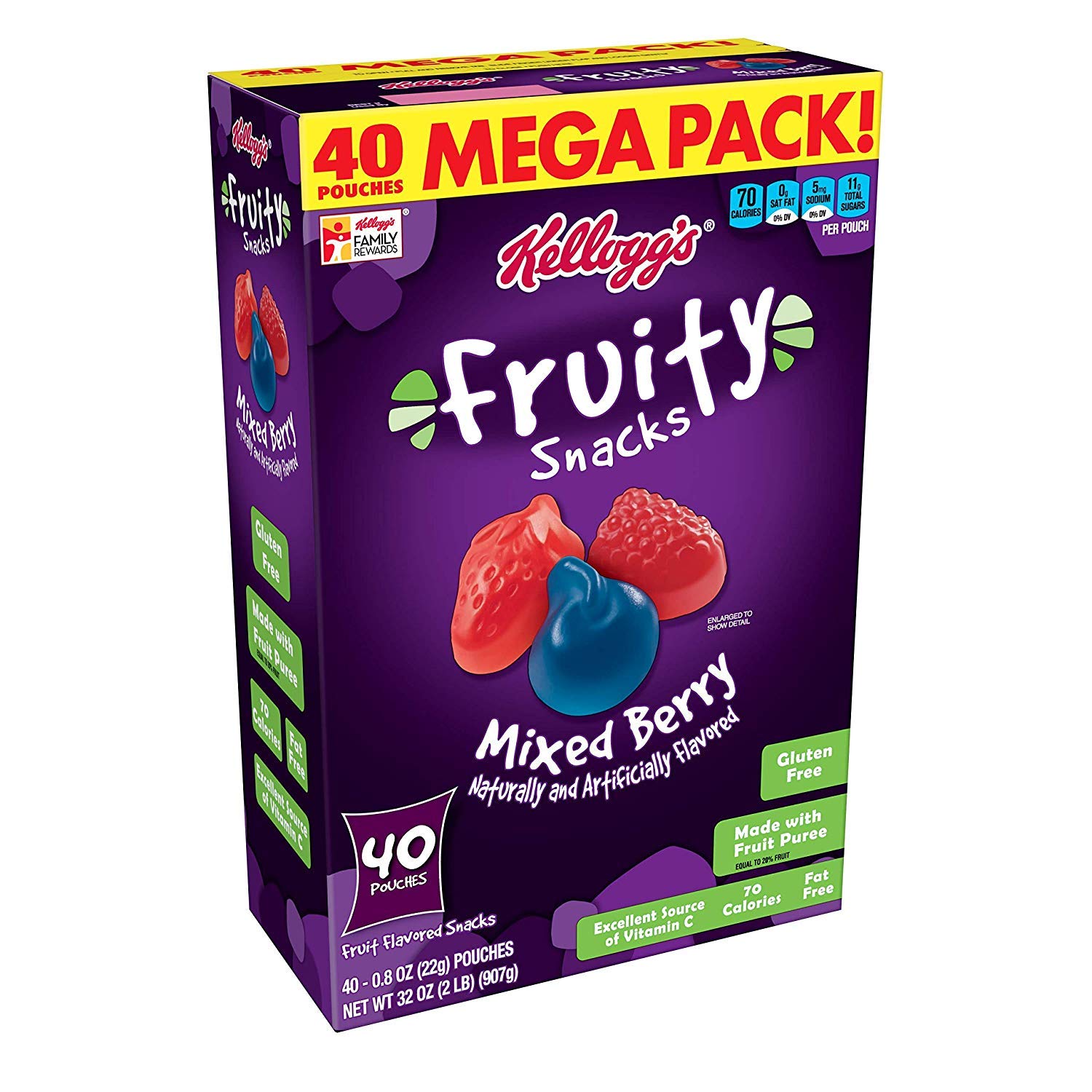 Fruity Snacks, Mixed Berry, Gluten Free, Fat Free, 32 oz (80 Pouches)