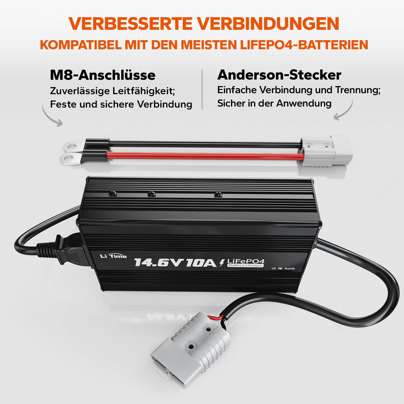LiTime 12V 10A Batterieladegerät, 14,6V AC-DC LiFePO4 Lithium-Batterie-Ladegerät mit Anderson-Anschluss LED-Anzeige Ladegerät speziell für Deep-Cycle-Akkus für Womos, Häuser, Insel- & Solaranlagen