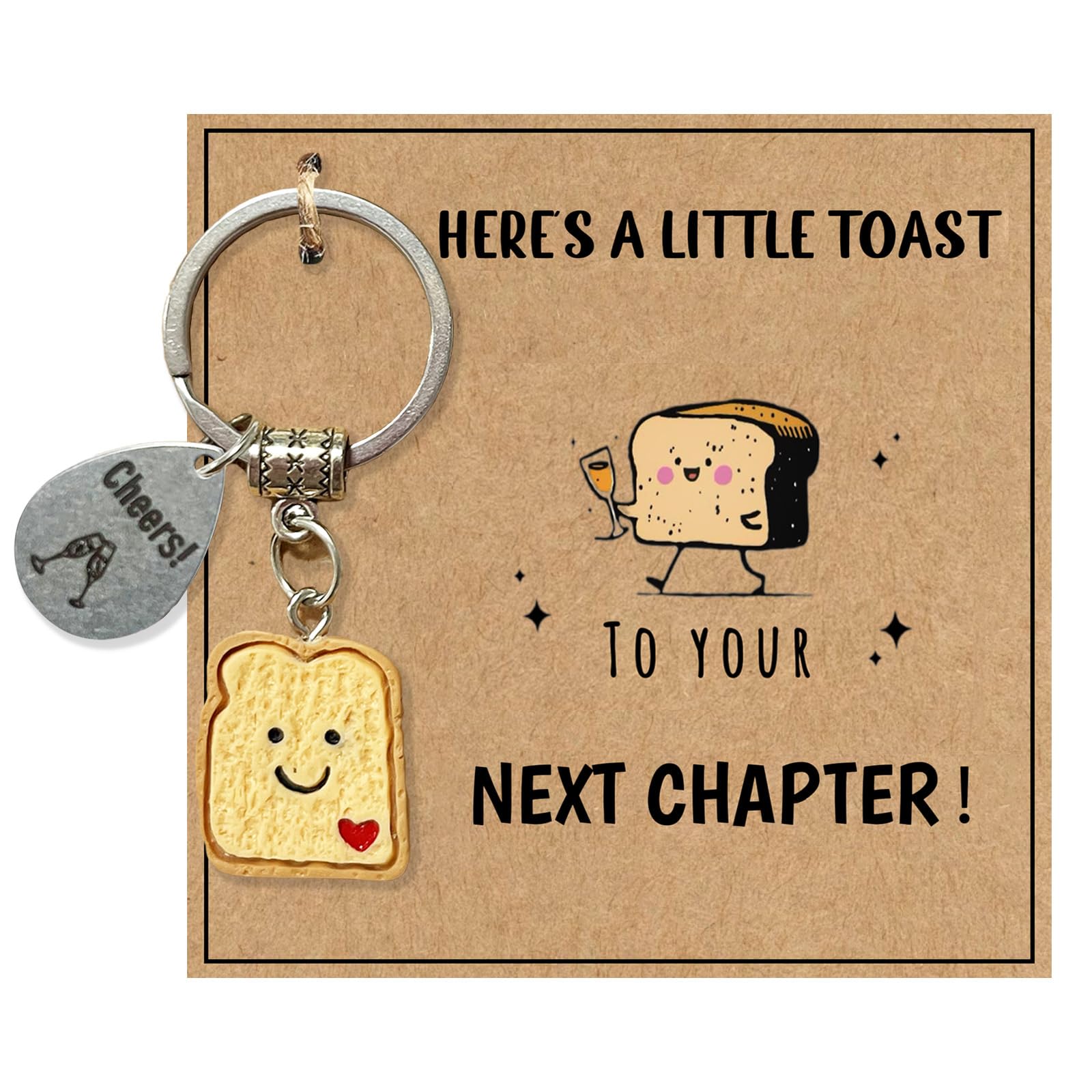 AIKOBAA Next Chapter Keychain for Women - “Here’s a Little Toast” Stainless Steel Charm with Inspirational Message, Good Luck Gift for New Beginnings, Graduation, Retirement Keepsake
