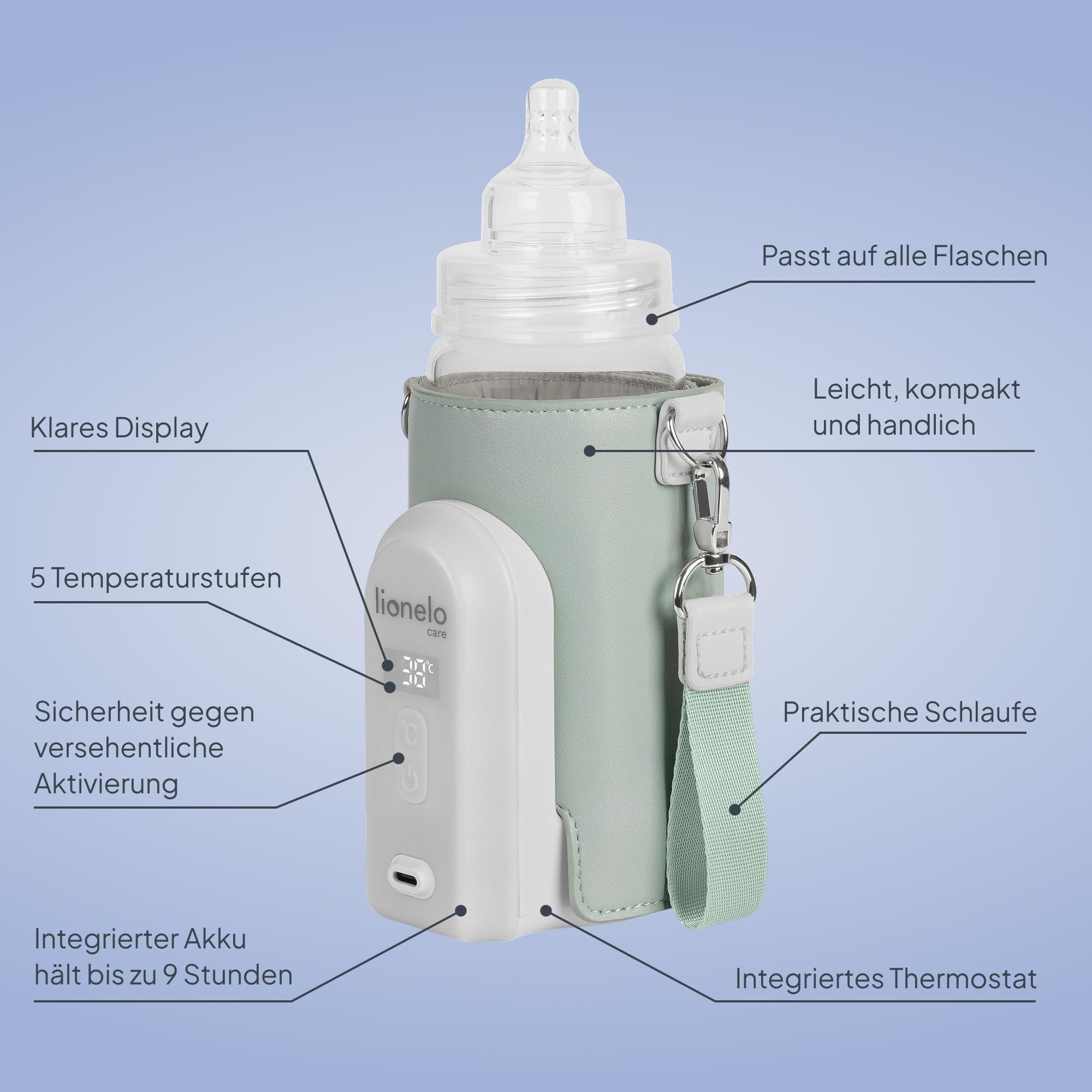 LIONELO Thermup Go Evo Tragbarer Babyflaschenwärmer hält Flüssigkeiten warm | 5 Betriebstemperaturen von 38 bis 50o C, USB-C Aufladung, bis zu 9 Stunden Betrieb, LCD Display