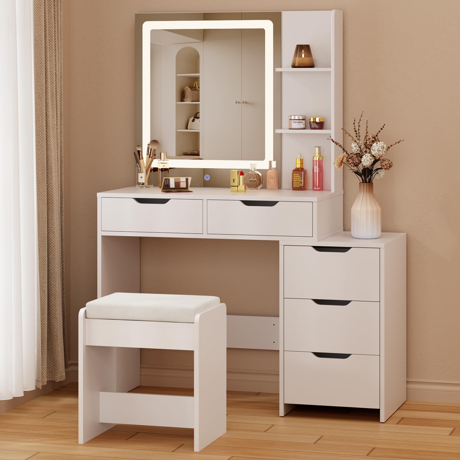 Aiho Makeup Vanity Desk with Mirror & Lights, 43.5" Table with 5 Drawers & Shelves, Adjustable Brightness & 3 LED Modes - Dressing Table Set for Bedroom, White