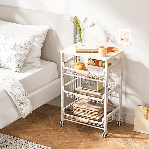 Miniatura 2 de JAQ Pull-out Fruit Basket, 4-tier Slide Out Metal Storage Baskets Carts Organizers Drawers with Wood Top and Handle with Rolling Wheels for Snacks
