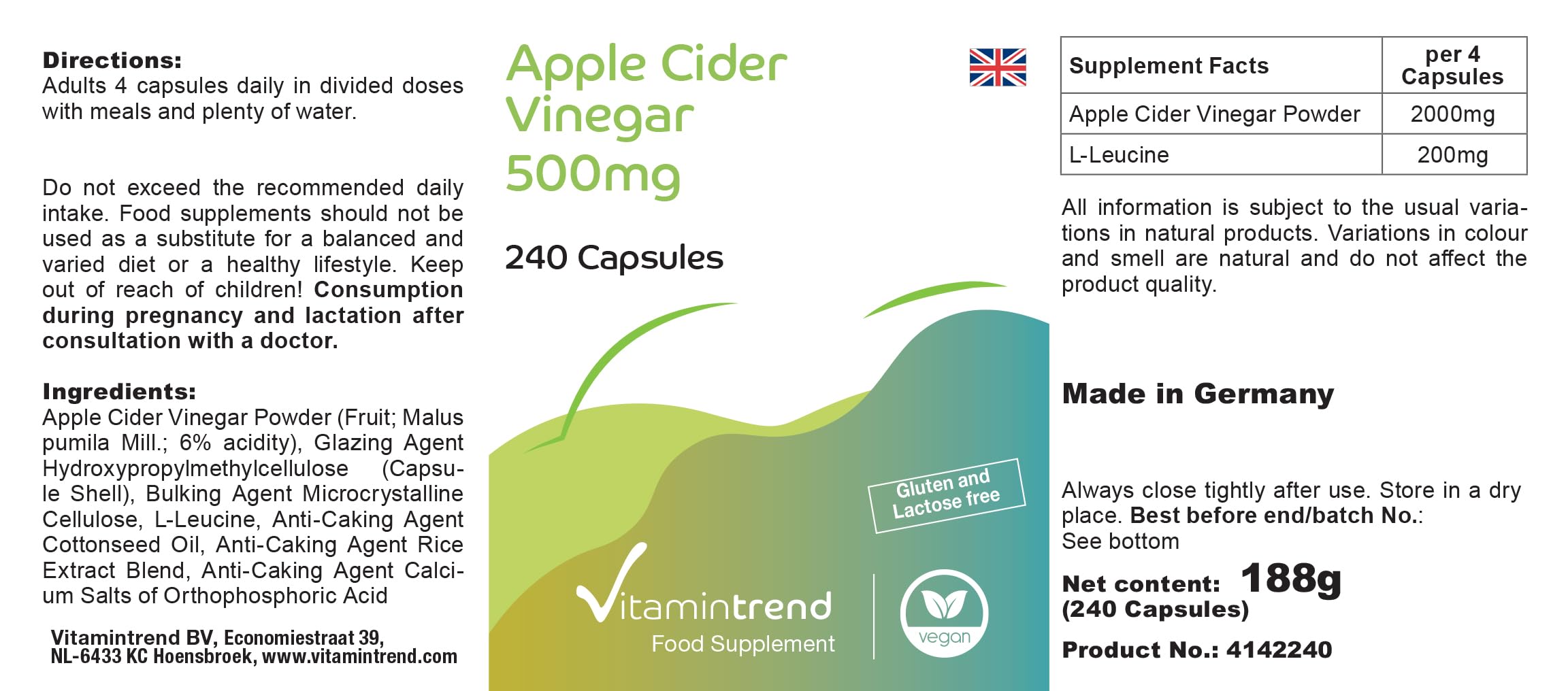 Vitamintrend Vinaigre de cidre 500 mg, 240 gélules, 2000 mg de poudre de vinaigre de cidre par dose quotidienne, complément alimentaire végan sans stéarate de magnésium, fabriqué en Allemagne