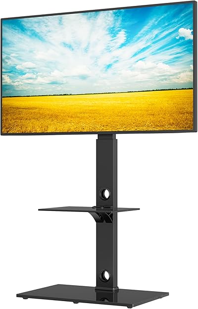 BONTEC Universale Supporto TV da pavimento per TV da 30-70 pollici LED OLED LCD, Porta TV da Terra Regolabile in Altezza con Ripiani in Vetro Temperato a 2 Livelli Max VESA 600x400mm, Fino a 40KG