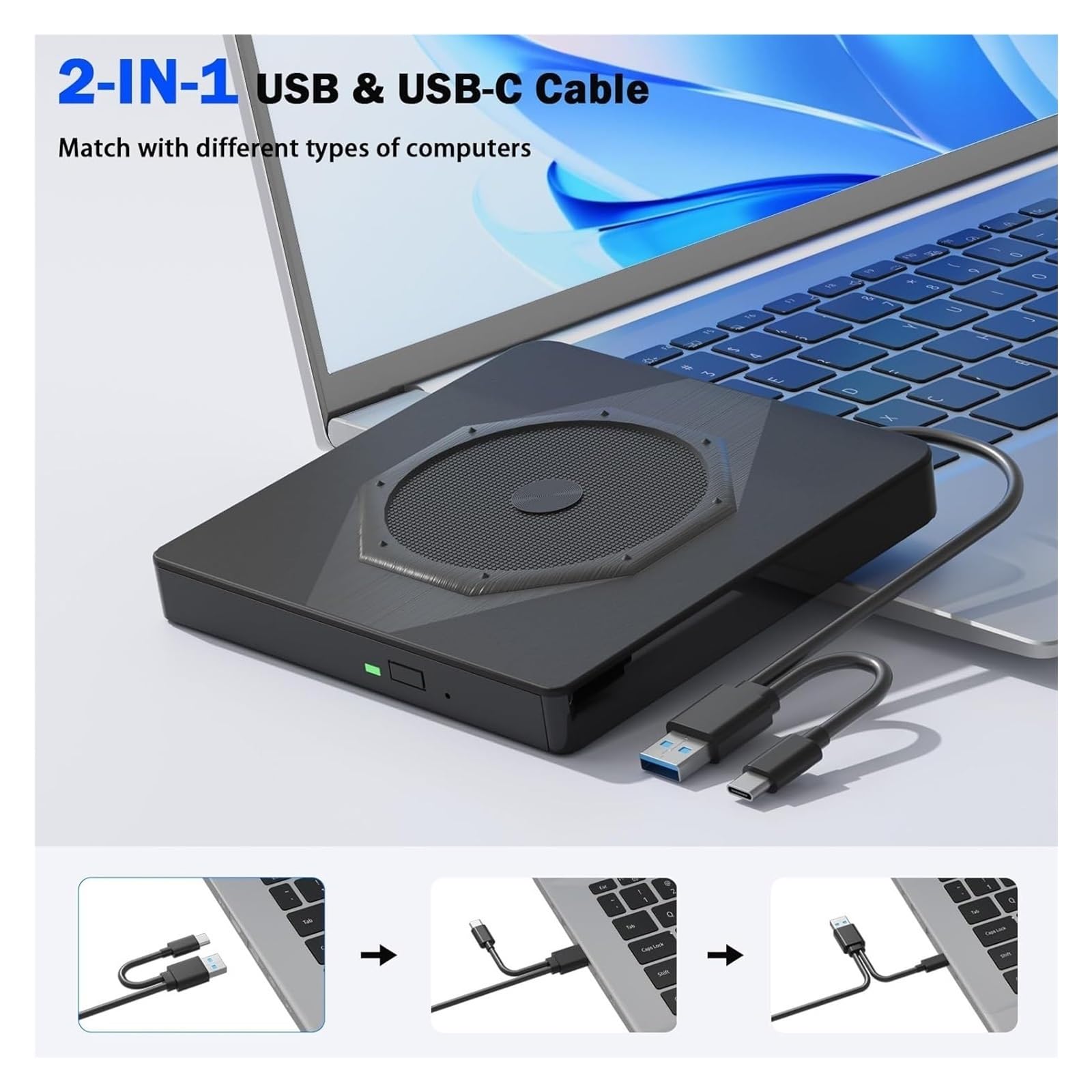 Zewnętrzny Napęd CD/DVD Do Laptopa USB 3.0 Typu C, Przenośna Nagrywarka CD/DVD, Napędy CD ROM +/-RW