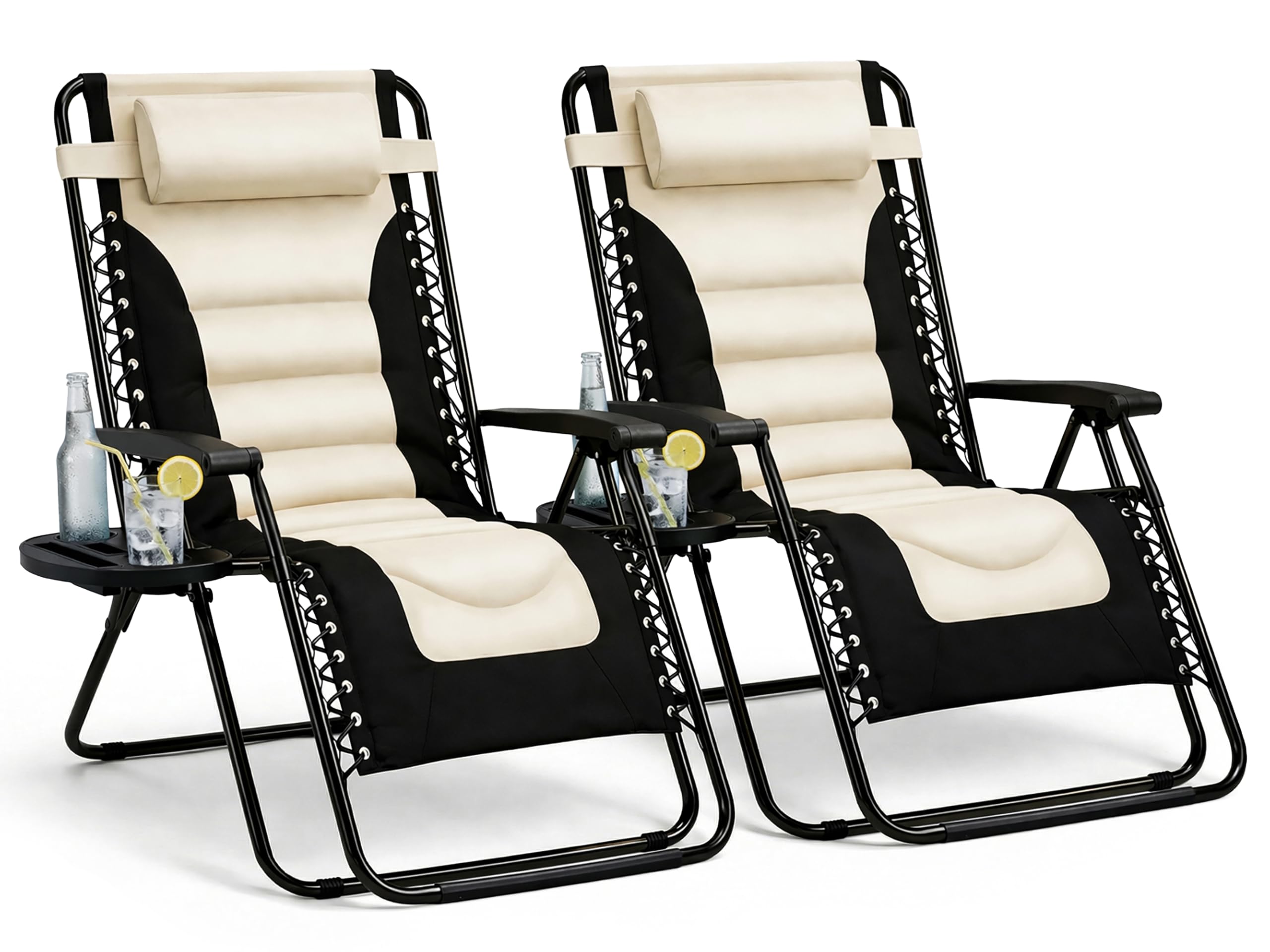 Straame XXL Padded Zero Gravity Chairs Set of 2, Folding Reclining Garden Chairs, Camping Chair Sun Loungers, Lockable 160° Patio Recliners with Adjustable Headrest(Padded, Cream)