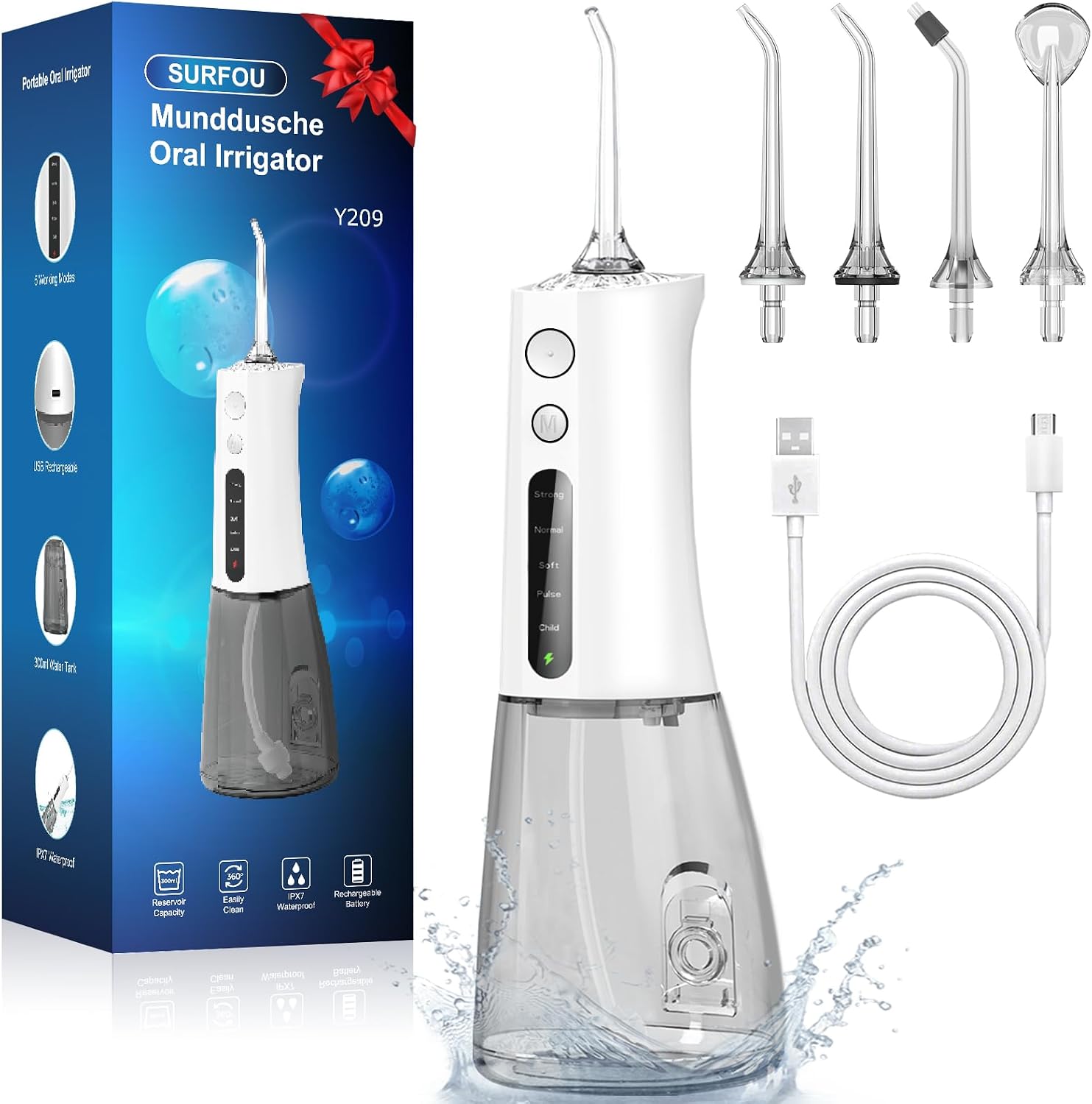 SURFOU Idropulsore Dentale Portatile Idrogetto per Pulizia Denti Professionale, Elettrico Oral Water Flosser Irrigatore Orale Doccia con Acqua Pulitore Getto, Idropulsore da Viaggio Idropulitore