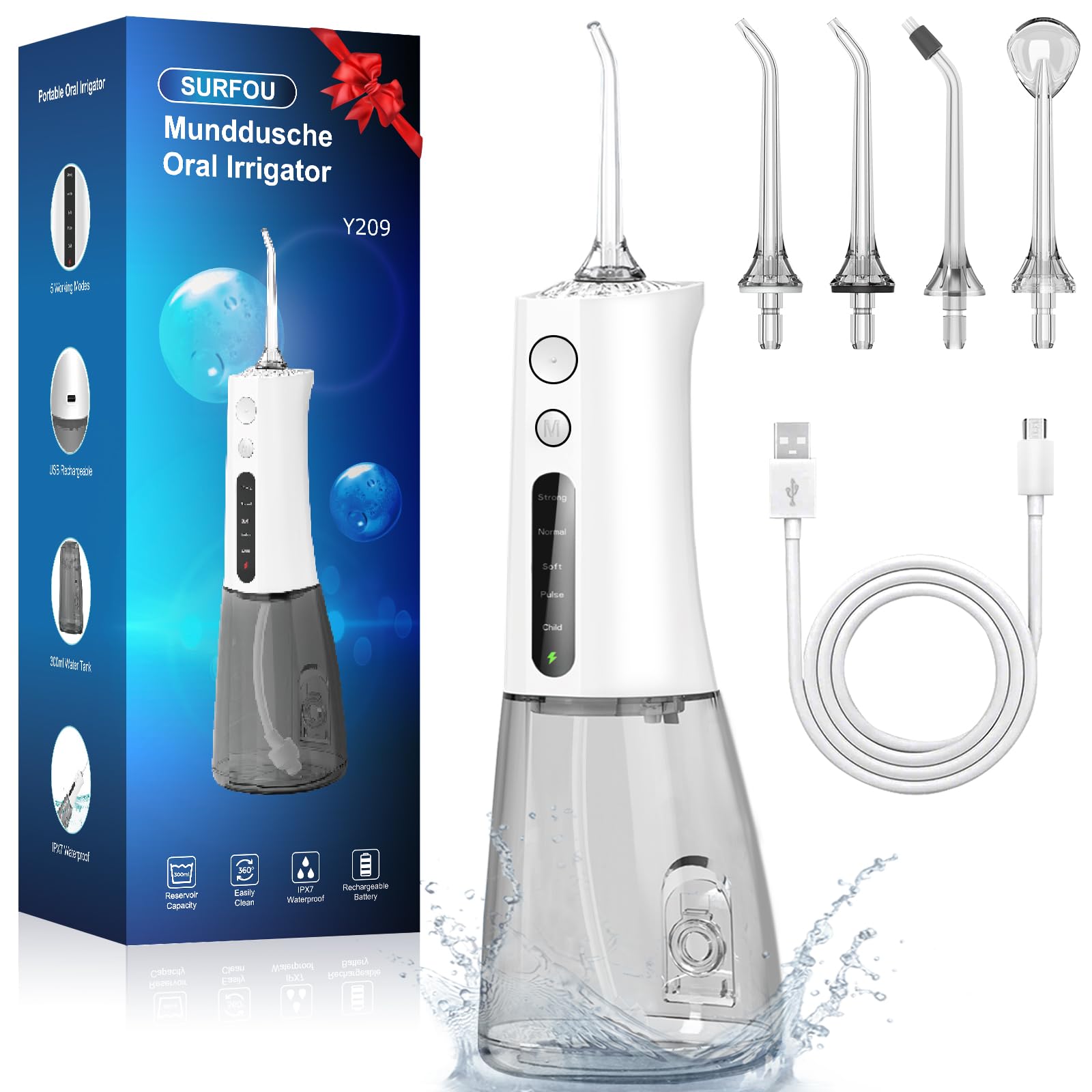 SURFOU Irrigador Dental Portatil Bucal Viaje, Limpiador Dientes Agua Presion Irrigadores Dentales Bucales, Water Flosser for Teeth Limpieza, Profesional Inalambrico Irrigador-dental Con Irradiador