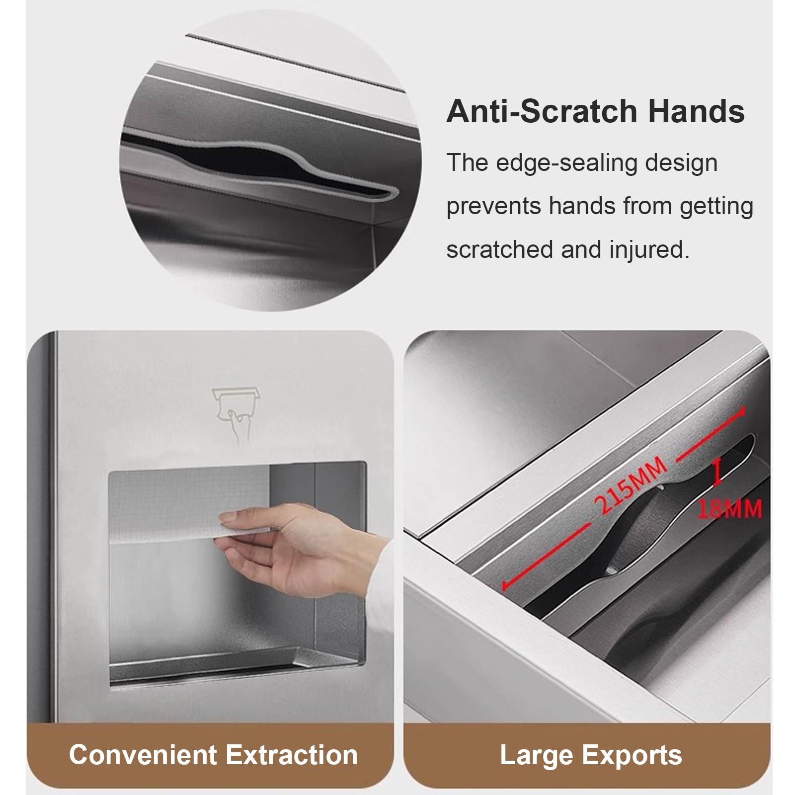 Dispensador Papel Secamanos Empotrado en Acero Inoxidable 304 con Cubo Basura, Dispensador de Papel de Manos, Cubo Basura Cocina, Ideal para Baños Alto Tránsito(Silver,750x310x150mm)