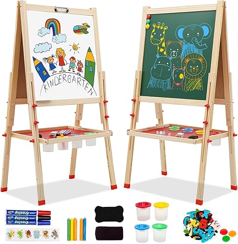 Caballete artístico de madera para niños, caballete de doble cara para niños con pizarra blanca y pizarra, caballete de pie ajustable en altura con