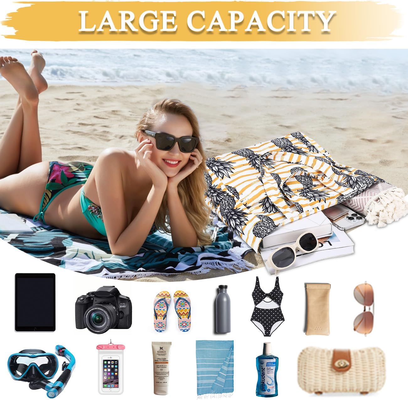 VASCHY Beach Tote Bag for Women, Lightweight Water Resistant Fold-able Large Pool Tote Bag w Zipper for Vocation - Image 4