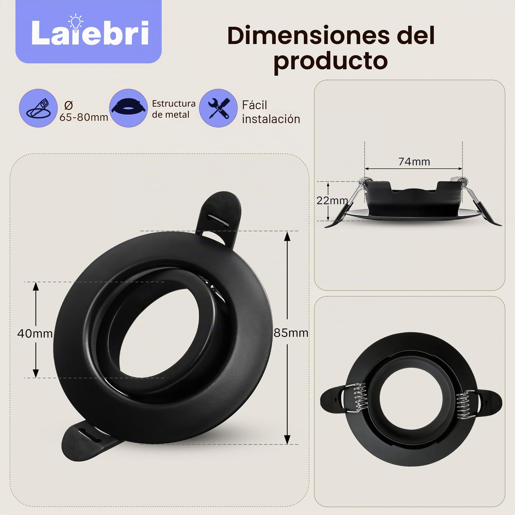 10 x Marco Foco Empotrable GU10, Marco Focos Negro Redondo, 45° Orientable Ojos de Buey, Foco Empotrable LED Techo 230V con Portalámparas GU10 para Lámparas de LED o Halógena