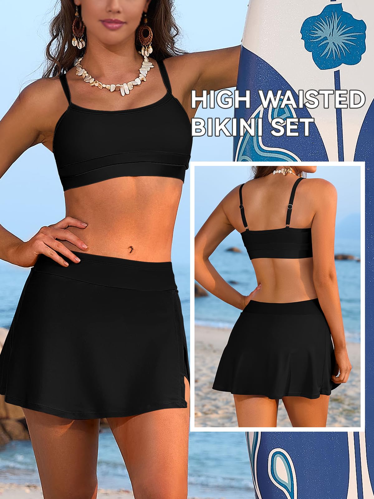 SHEKINI Maillot de Bain Deux Pièces Femme Push Up Ensemble Bikini Set Taille Haute Jupe de Bain Chic Élégant 2 Pièces Tankini Beachwear Été