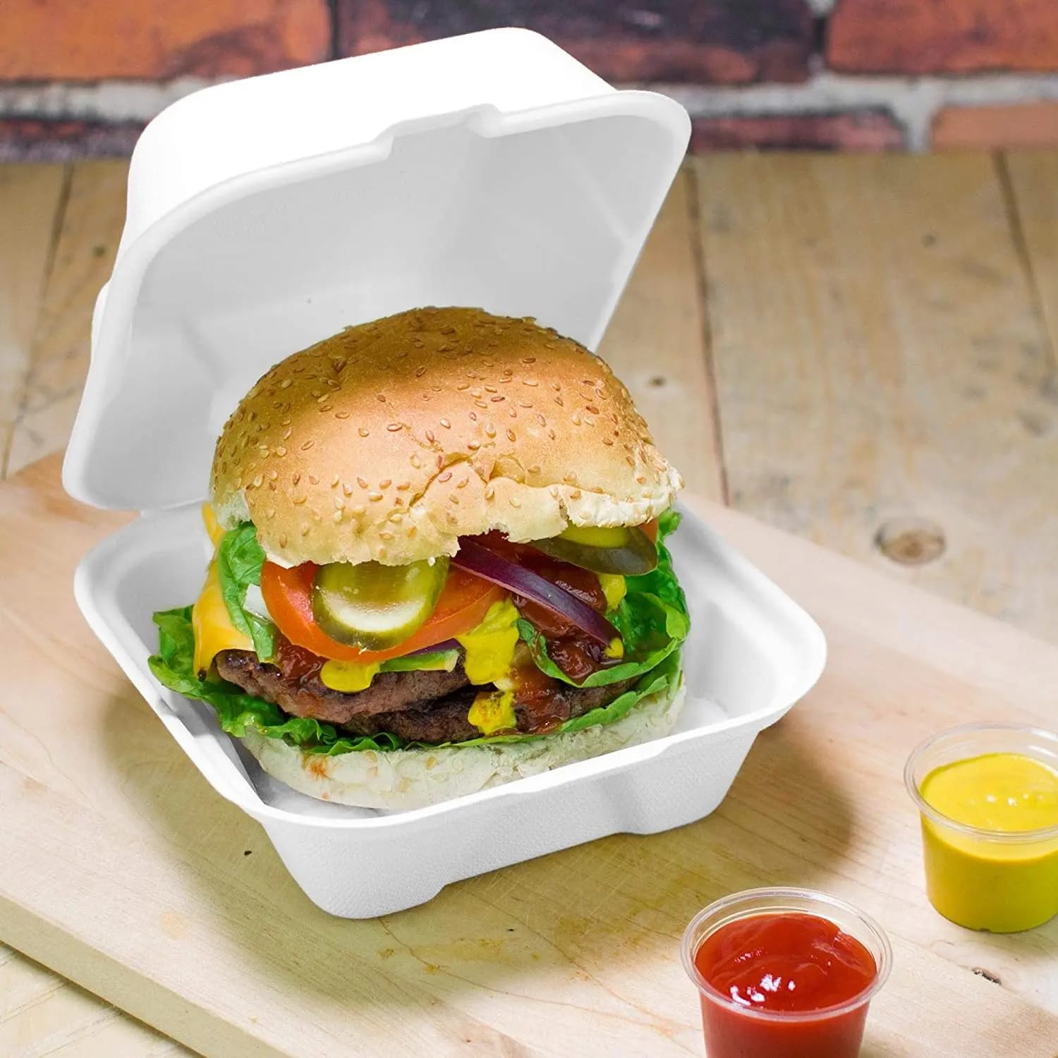 600 Scatole per hamburger usa e getta e getta biodegradabili 15x15x8 cm, contenitori per hamburger e bagassa, compostabili, coperchio ribaltabile, scatola colore bianco