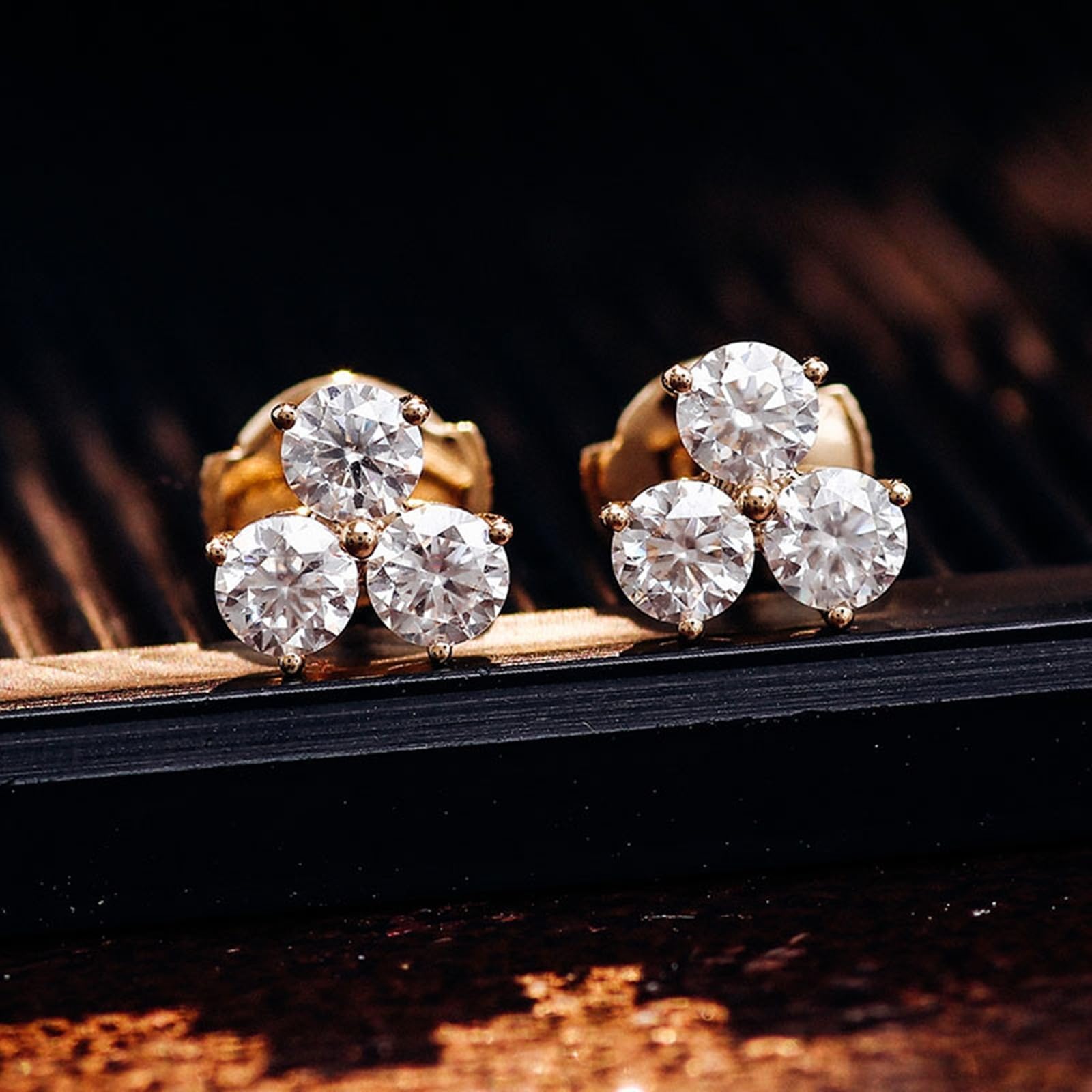 Epinki Pendientes Oro 9K/14K/18K Mujer, 0.2/0.3ct Moissanita Blanca Redonda 3 Piedra Preciosa Pendientes Joyería