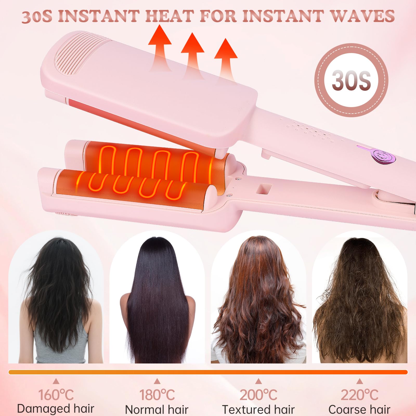 Rizador de Pelo 32mm para Ondas Grandes, Plancha Ondas Beach Waves, Rizador Francés con Revestimiento Cerámico, 4 Temperaturas Ajustables, Calentamiento Rápido & Diseño Antiquemaduras Hierro ondulado