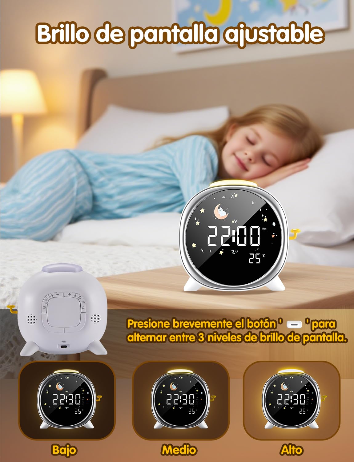 LIORQUE Despertador Infantil con luz Nocturna, Reloj Despertador Niños con Entrenamiento del Sueño, Alarmas Duales y Función Snooze, Modo Fin de Semana y Visualización de Temperatura