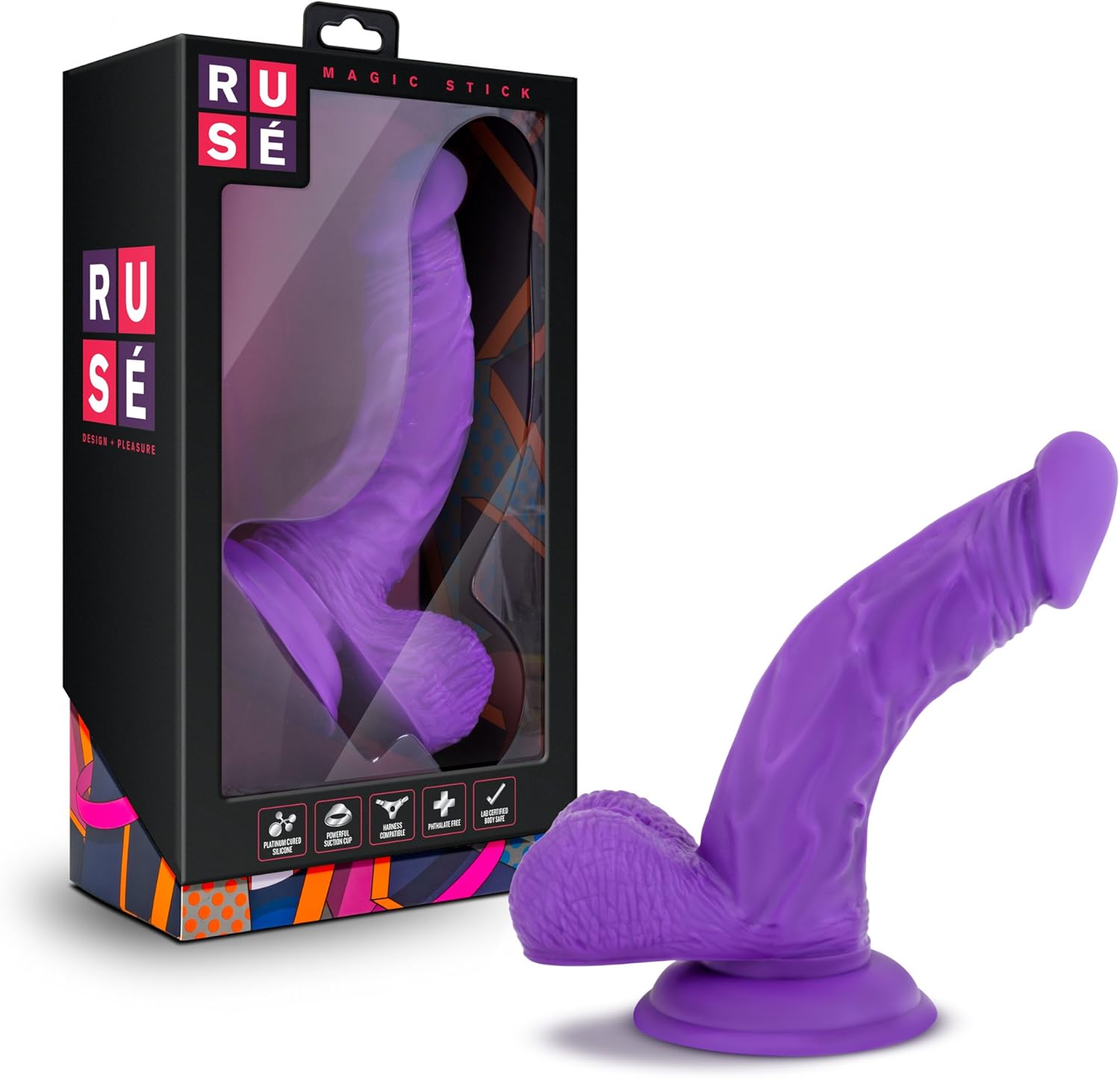 Blush Ruse Magic Stick 7" Realistic Silicone Dildo, G- & P-Spot Stimulating Curved Cock w/Balls, Suction Cup Harness Compatible, Ultrasilk Soft Penis Adult Sex Toy for Women, Men, Couples - Purple