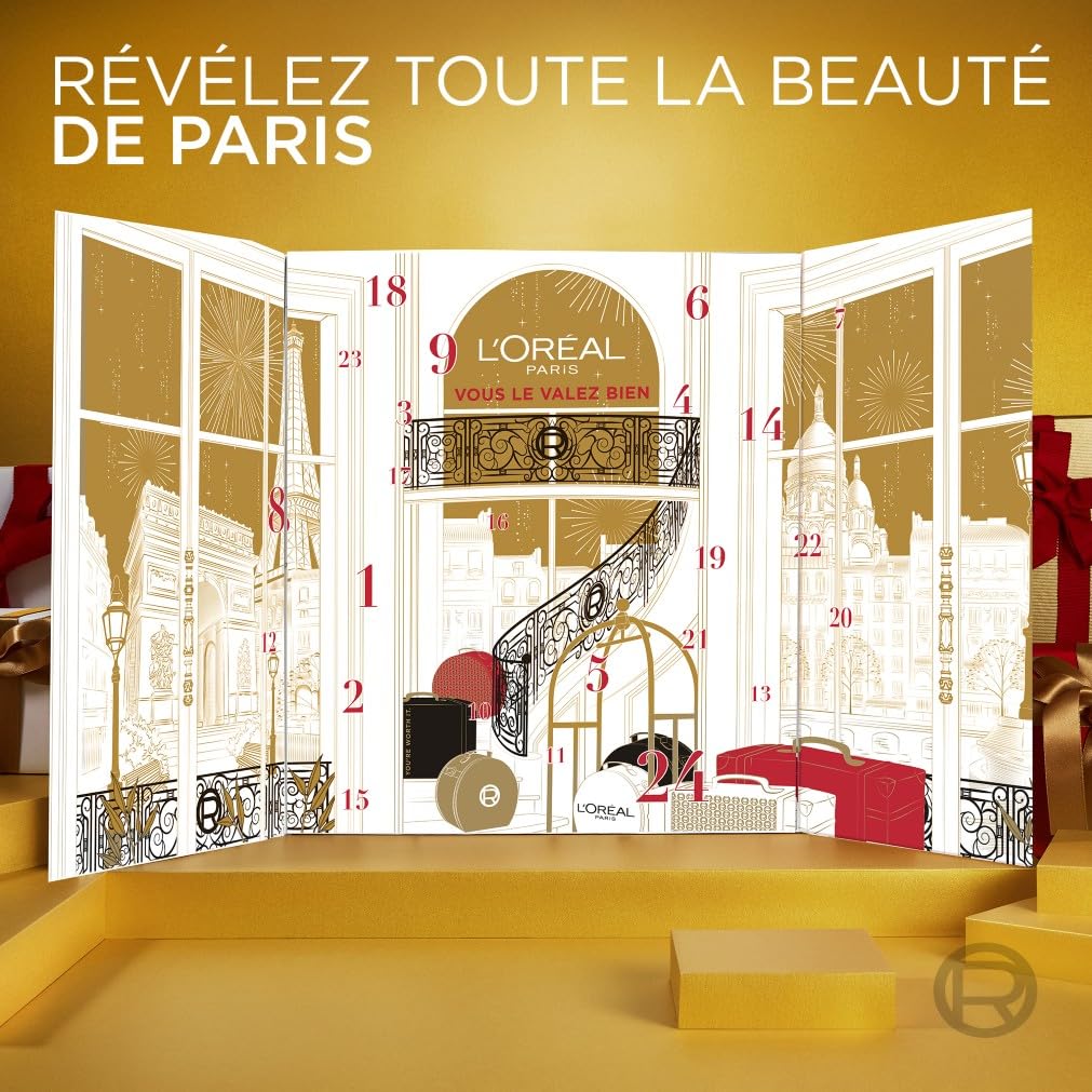 L'Oréal Paris - Calendrier de l'Avent 24 Jours - Coffret Cadeau Noël - Maquillage, Soins Visage et Cheveux - 24 Produits de Beauté Incontournables en Taille Réelle