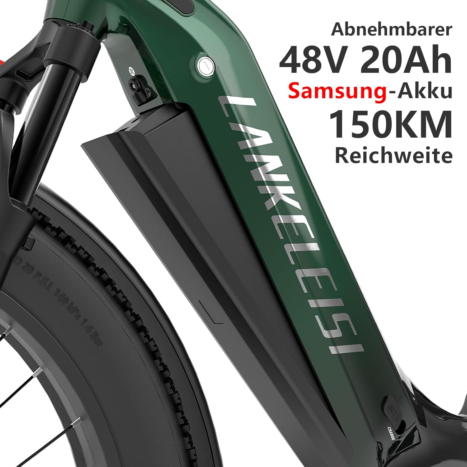 Close-up of the LANKELEISI MG600 Plus E-Bike's integrated 48V 20Ah removable battery, showing the charging port and brand logo.