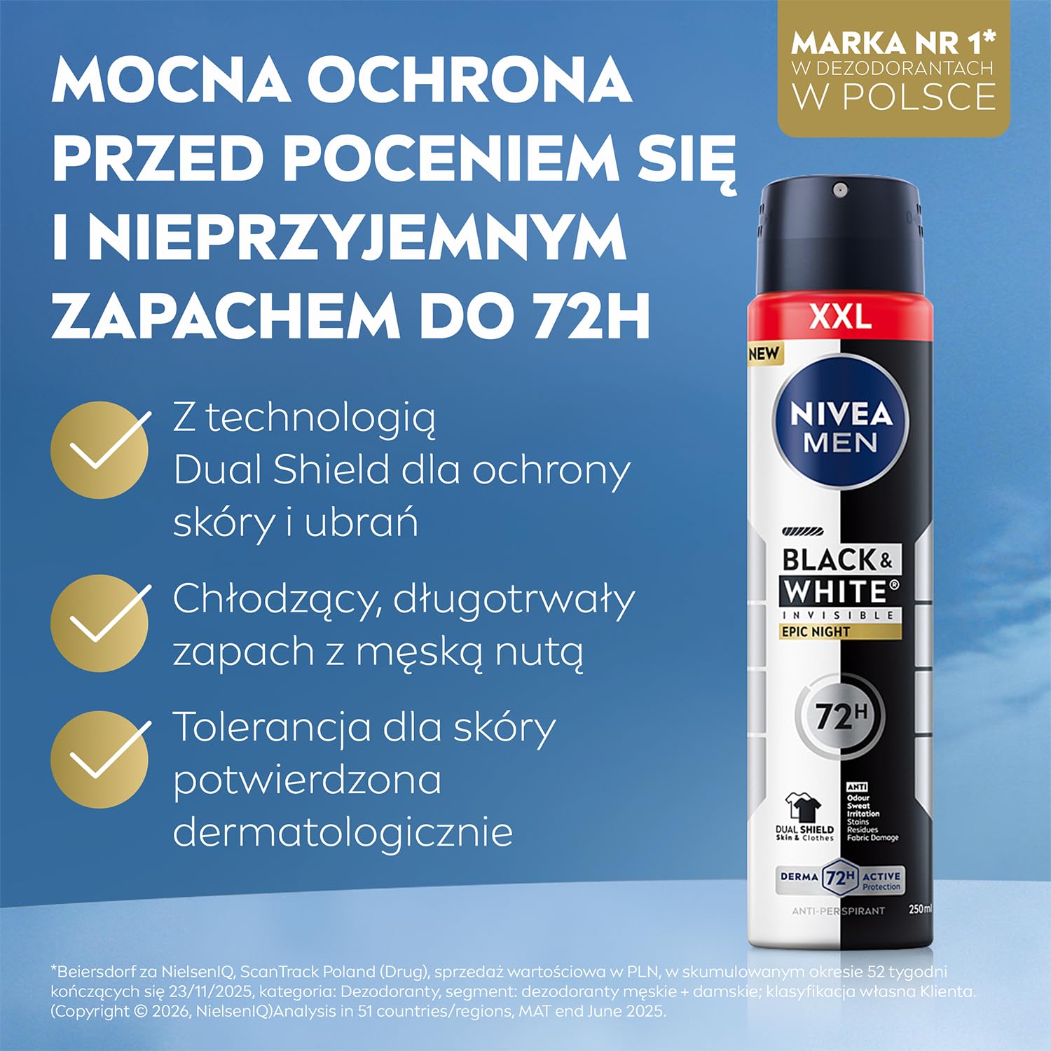 NIVEA MEN Black & White Invisible Epic Night męski antyperspirant w sprayu ochrona przed plamami, chłodzący, męski zapach, 72h świeżości 250 ml
