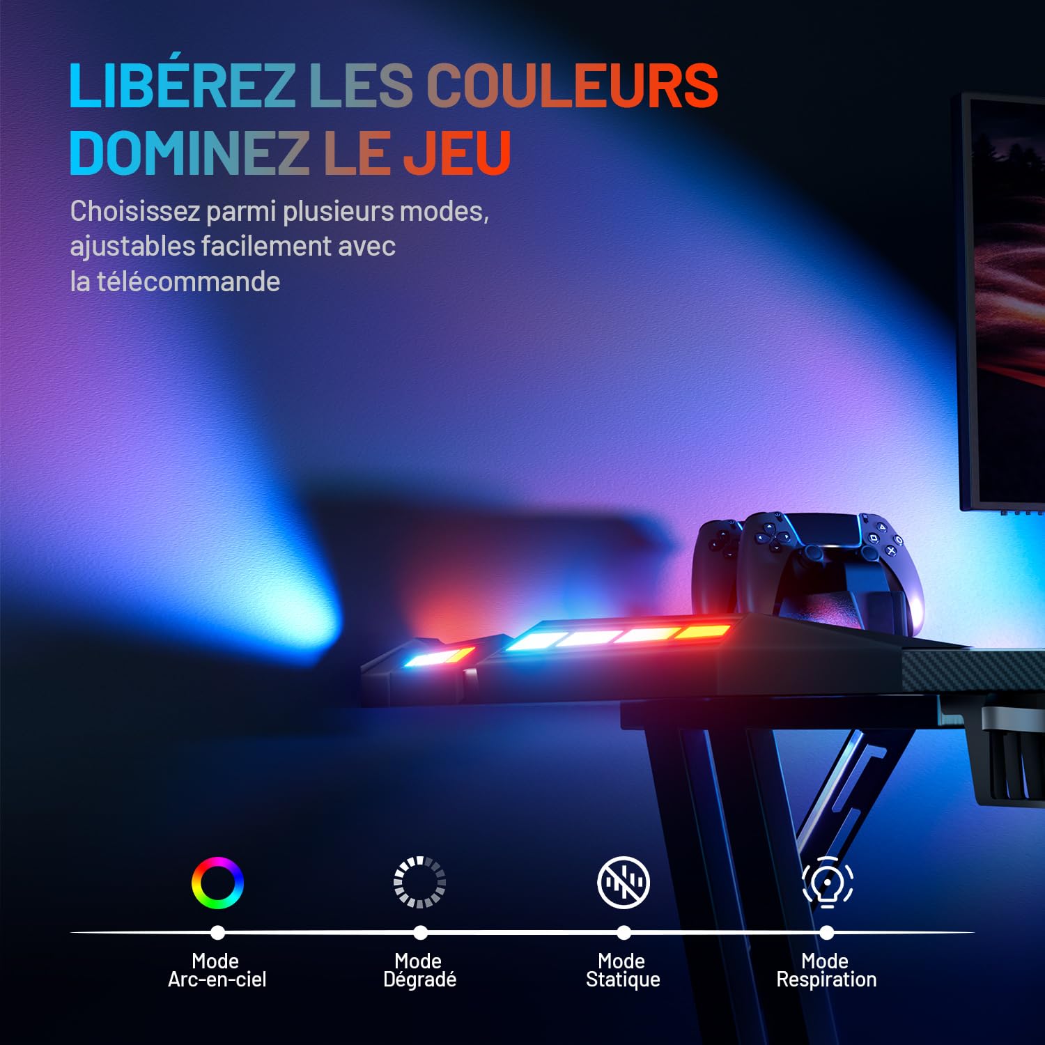 HLFURNIEU Bureau Gaming avec LED, 160 x 60 cm, Ergonomique, Noir