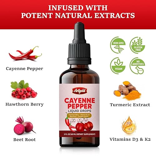 Miniatura 4 de Arigold Gotas líquidas de pimienta de cayena pura  2 onzas líquidas (2.0 fl oz) Vegano, sin gluten, suplemento sin OMG con vitaminas D3 y K2, baya