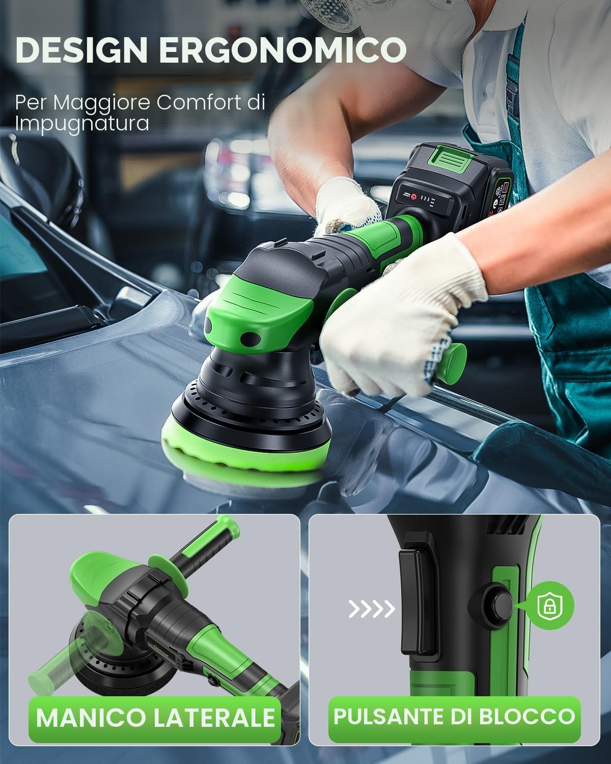 Ginour Lucidatrice Auto a Batteria 21V con 2 Batterie da 3Ah, 900W Motore Senza Spazzole, Lucidatrice Rotorbitale Eccentrica da 15mm, 2000-6000RPM
