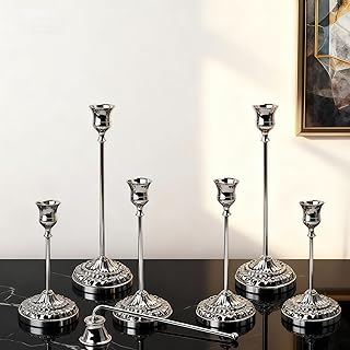 BEAHOT Silver Candle Holders, Set of 6 with Matching Candle Snuffer – El...