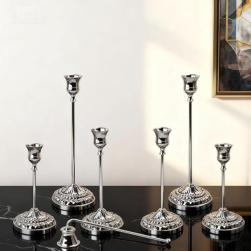 BEAHOT Silver Candle Holders, Set of 6 with Matching Candle