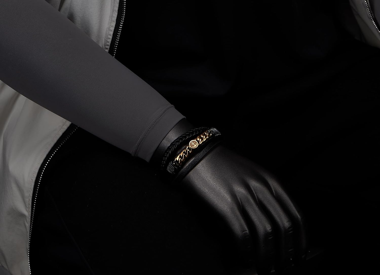 COOLSTEELANDBEYOND Men’s Black Braided Leather Bracelet with Gold-Tone Steel Chain Accent, Layered Modern Design