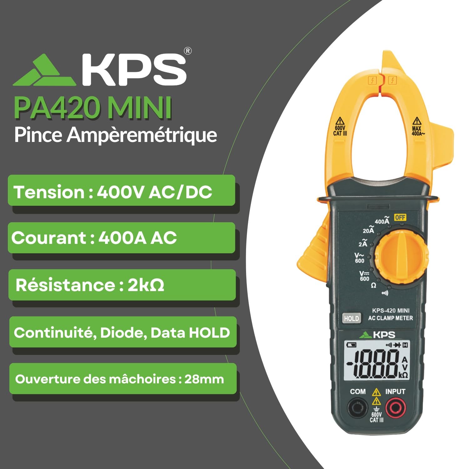 KPS-PA420 Pince ampèremétrique numérique 2000 points, tension AC/DC 600V, courant AC 400A, et résistance 2KΩ, maintien des lectures, avertissement de continuité et test de diode. CAT. III 600V