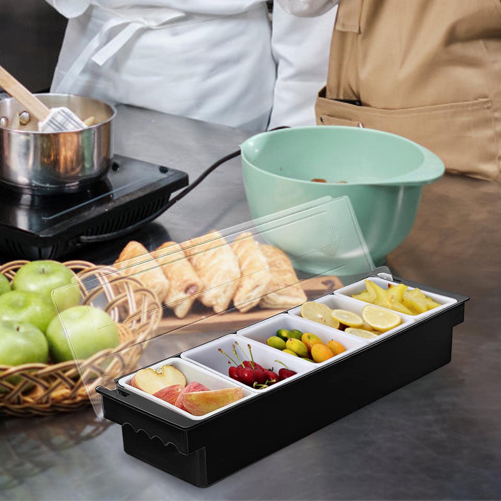 Récipient à Ingrédients Avec 5 Inserts – Pour Sauces, Buffet Froid, Garnitures, Pizza, Fruits