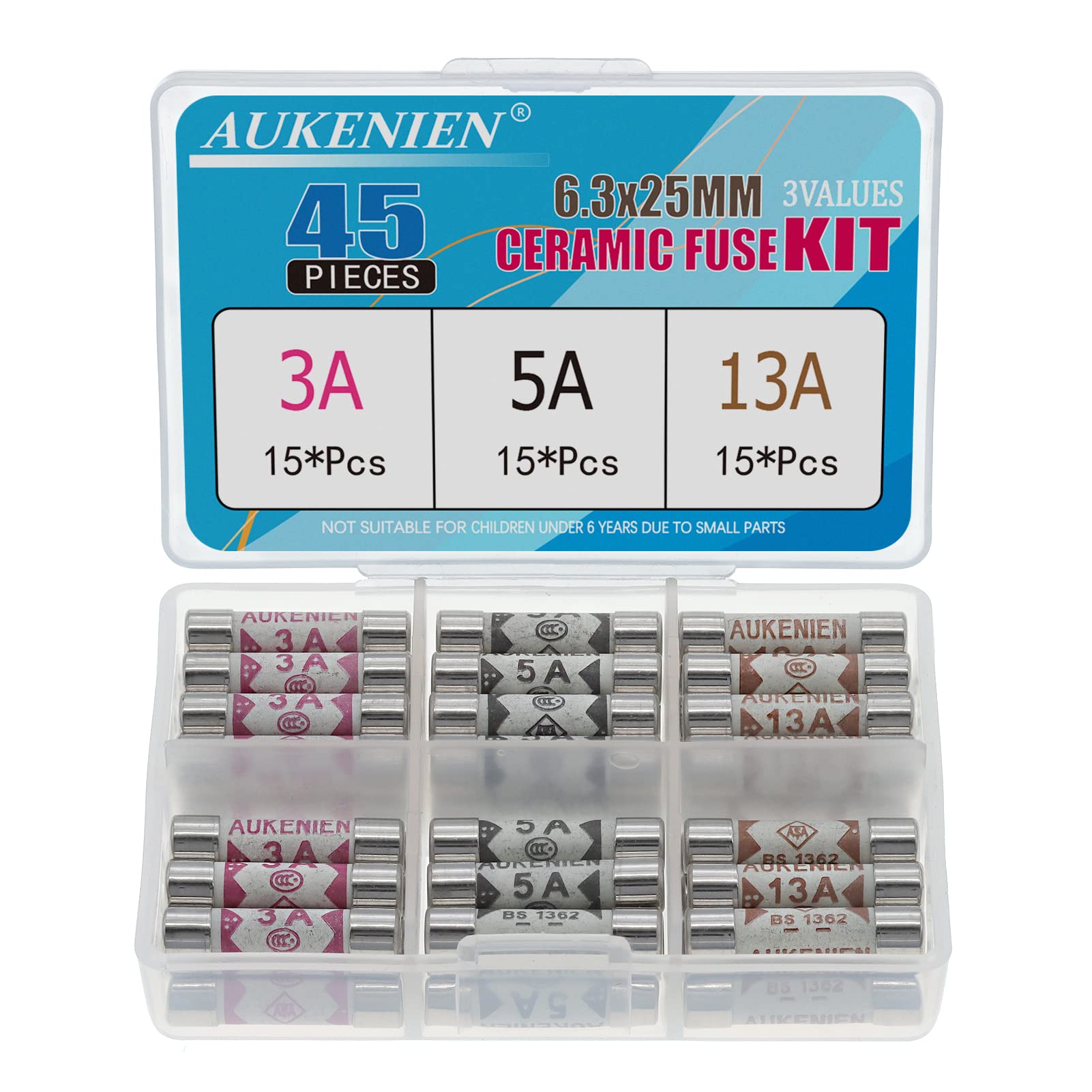 AUKENIEN Fuses Mixed Household UK 3 Values 45pcs 3A 5A 13A Fuse 3 5 13 Amp 6.3 x 25MM 0.248x0.984 Inch 240V 240 Volt BS1362 Ceramic Fuses Assortment Kit for Mains Plug