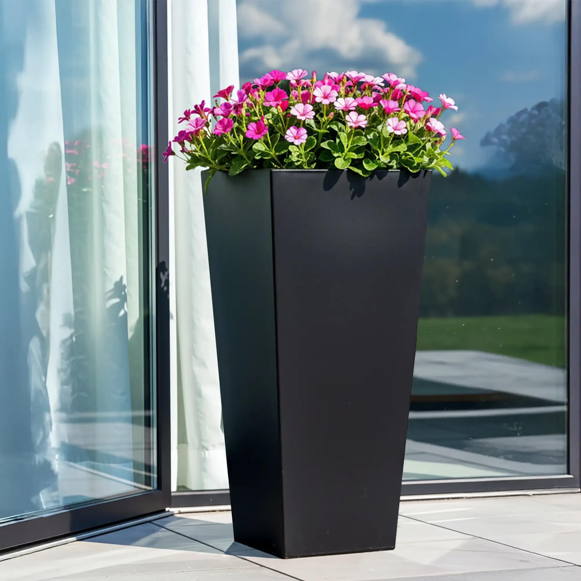 IDEALIST Extra Large 90cm Tall Planter | Black Reinforced Stone Tapered Square Garden Planter | Outdoor Plant Pot with Drainage Hole L43 W43 H90 cm, 165 litres
