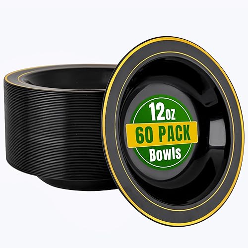 bUCLA Paquete de 60 cuencos de plástico negros con borde dorado, cuencos de plástico de 12 onzas desechables para bodas, fiestas, reuniones y Año
