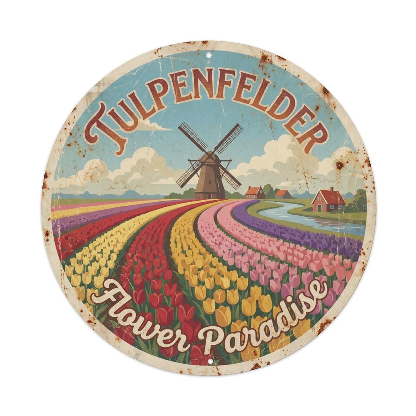 Vintage Travel Amsterdam Tulip Fields 1 Metal Tin Sign Plaque Wall Decor for Cafe, Club, Garden Round Metal Poster 8x8Inch