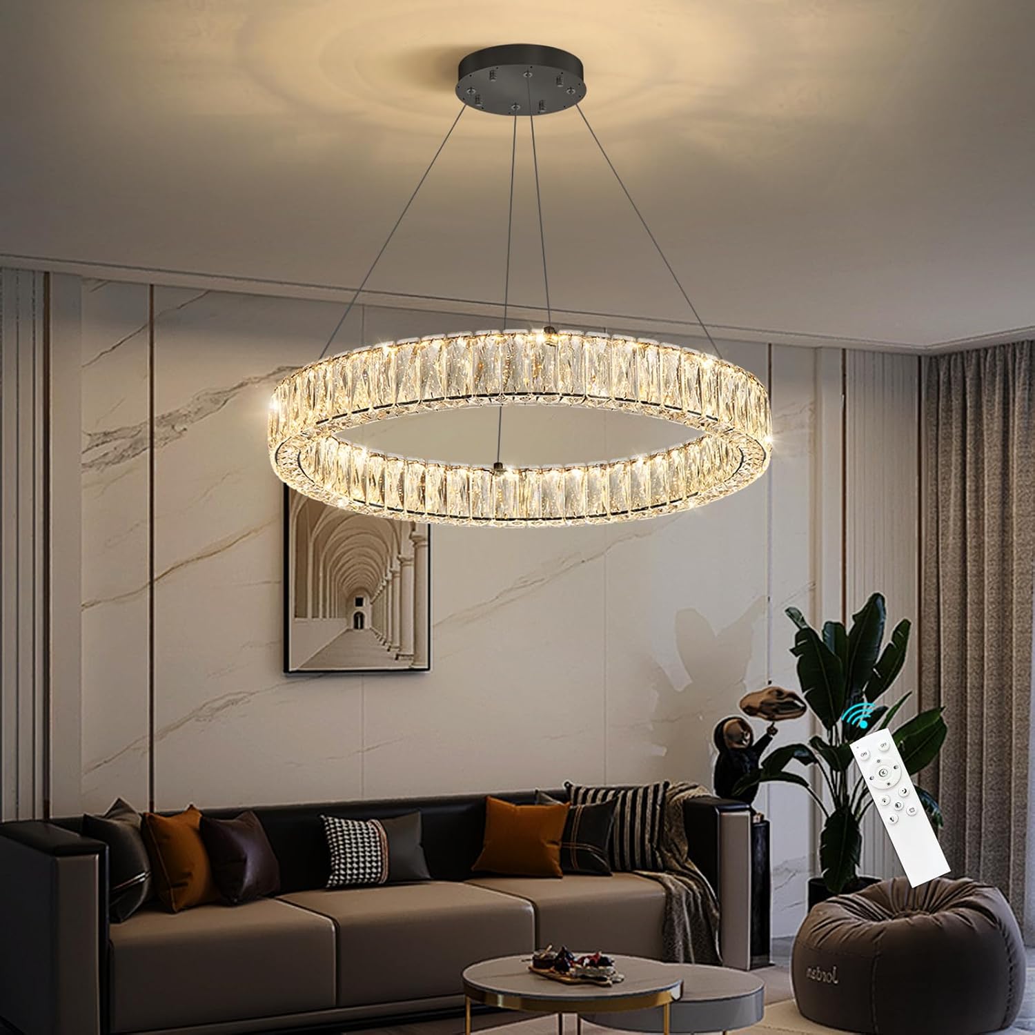 Modern Crystal Chandelier Dimmable LED Ring Pendant Lights Adjustable Glam Chandeliers Lighting Fixtures for Dining Room Living Room Bedroom Black Light