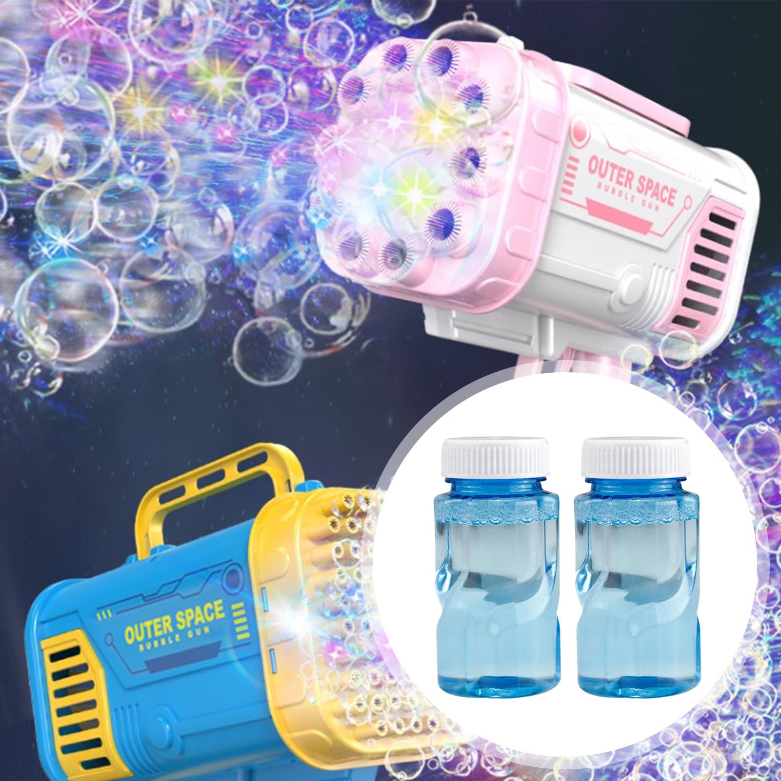 Solution de Recharge à Bulles de 50 ML, 2 liquides à Bulles pour Pistolets à Bulles avec flacons faciles à Verser, Formule concentrée Amusante avec Jeu sûr et Vibrant pour en Plein air fête de