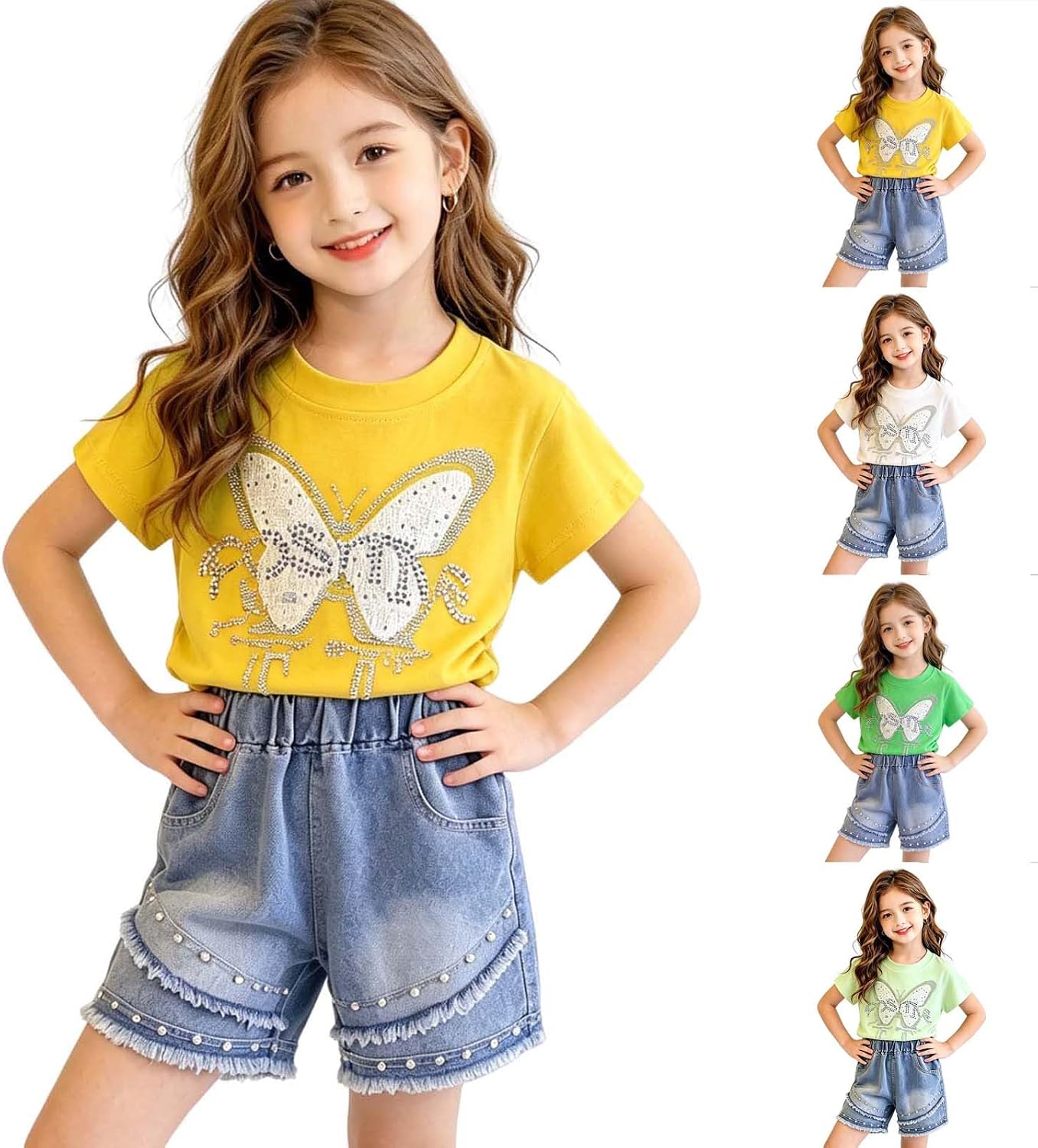 Girls Outfits with Butterfly Rhinestone Short Sleeve Top High Elastic Vintage Denim Shorts Summer Casual Outfits