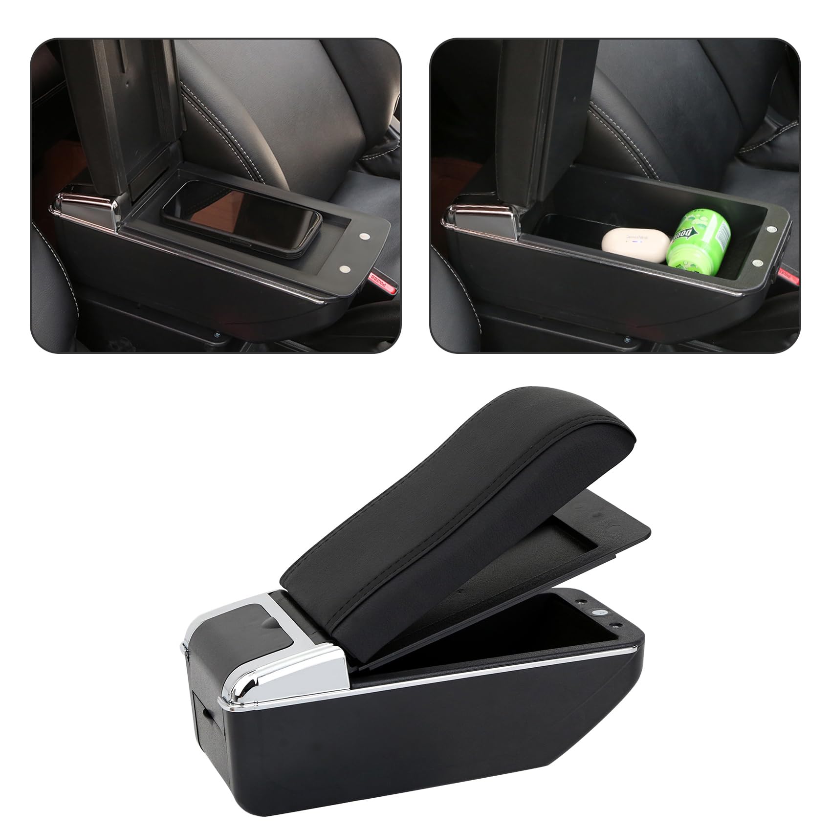 YJYWZH Accoudoir pour Peugeot 208/2008 2019-2026 Centrale Console Rangement | avec Porte-gobelet,Accoudoir console centrale,Double rangement,Cuir PU,Installation facile,Accessoire voiture intérieur,Noir